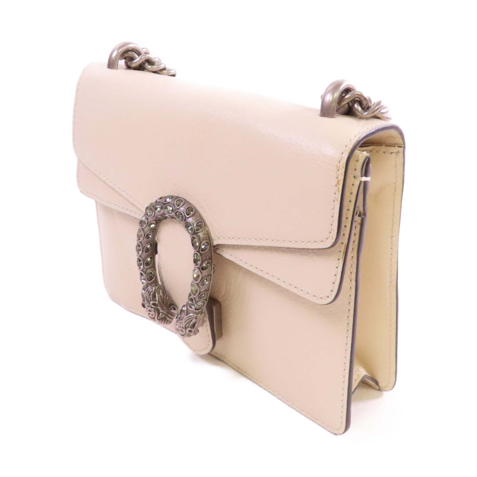 GUCCI 【激減優惠】牛皮皮革Dionysus Mini Shoulder Bag銀扣鏈帶肩背袋米白色