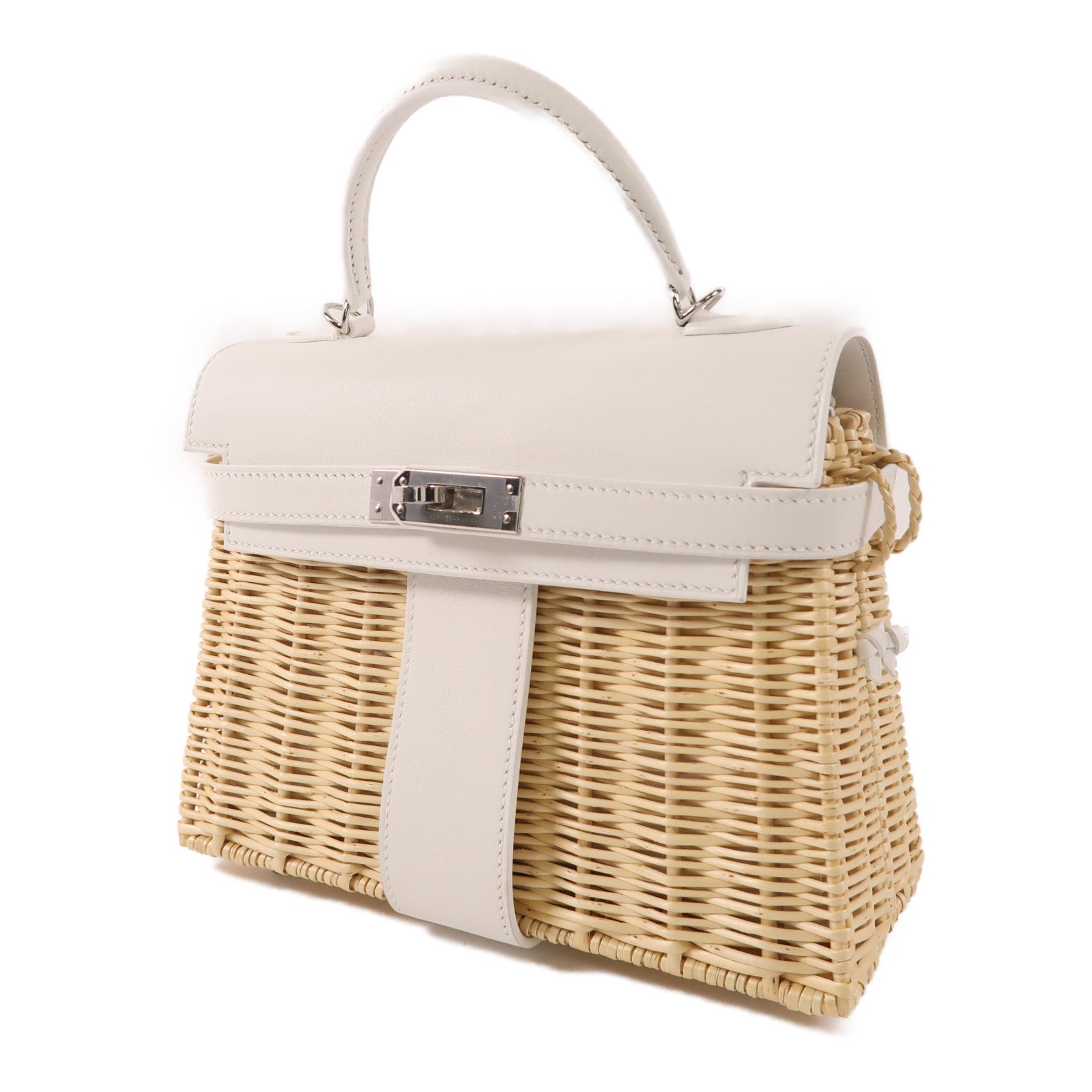 HERMES Wicker/Swift皮革Kelly Picnic Mini銀扣手挽肩背兩用袋White/Beige