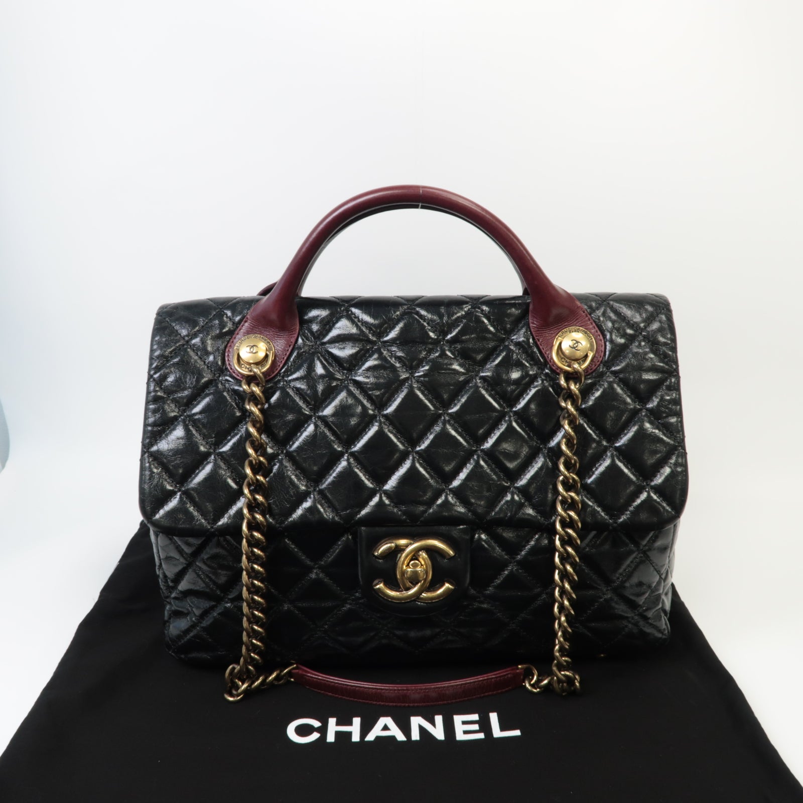 CHANEL 【激減優惠】菱格牛皮皮革2 Way Shoulder金扣手挽肩背兩用袋黑色