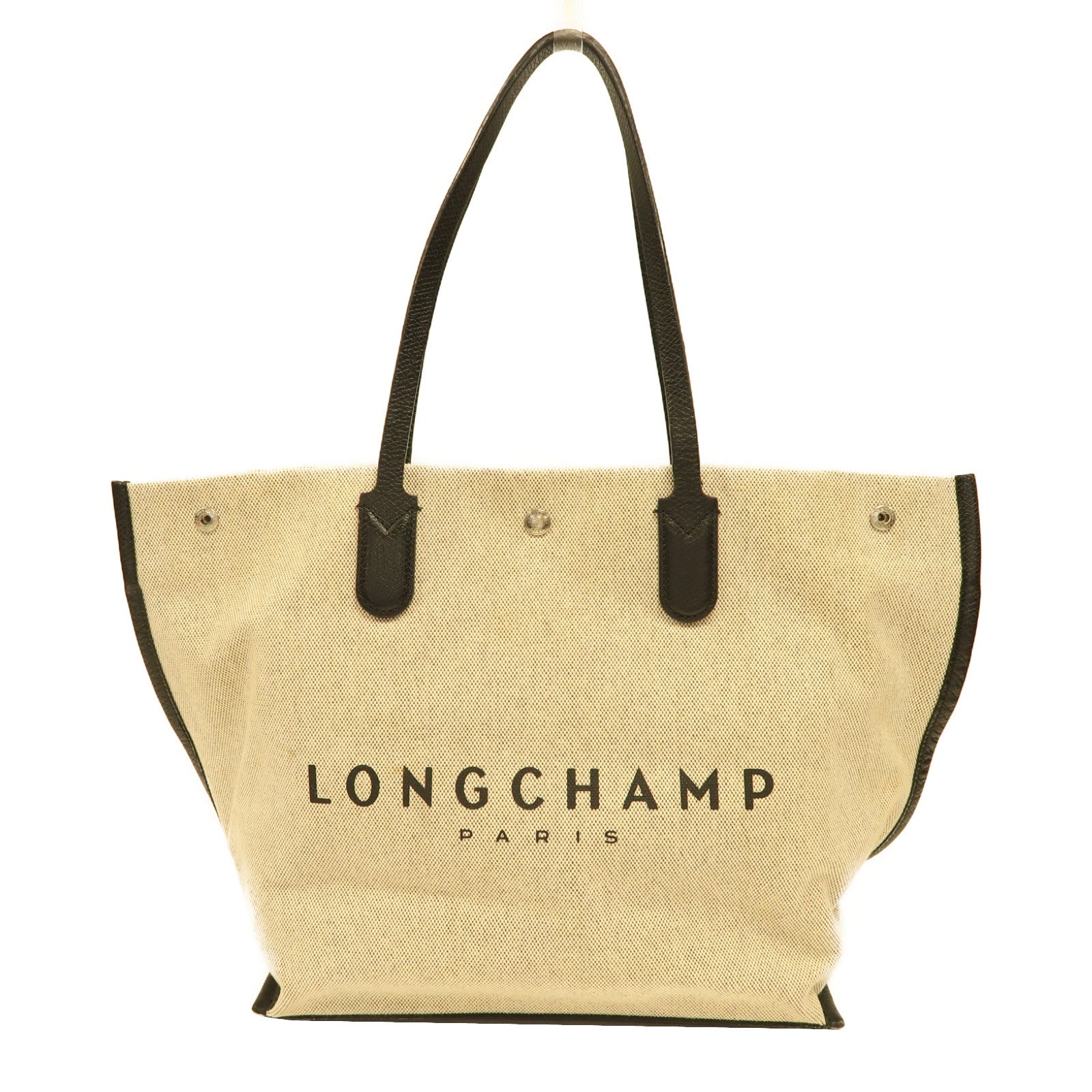 Longchamp 帆布Tote Bag銀扣手挽袋米色/黑色