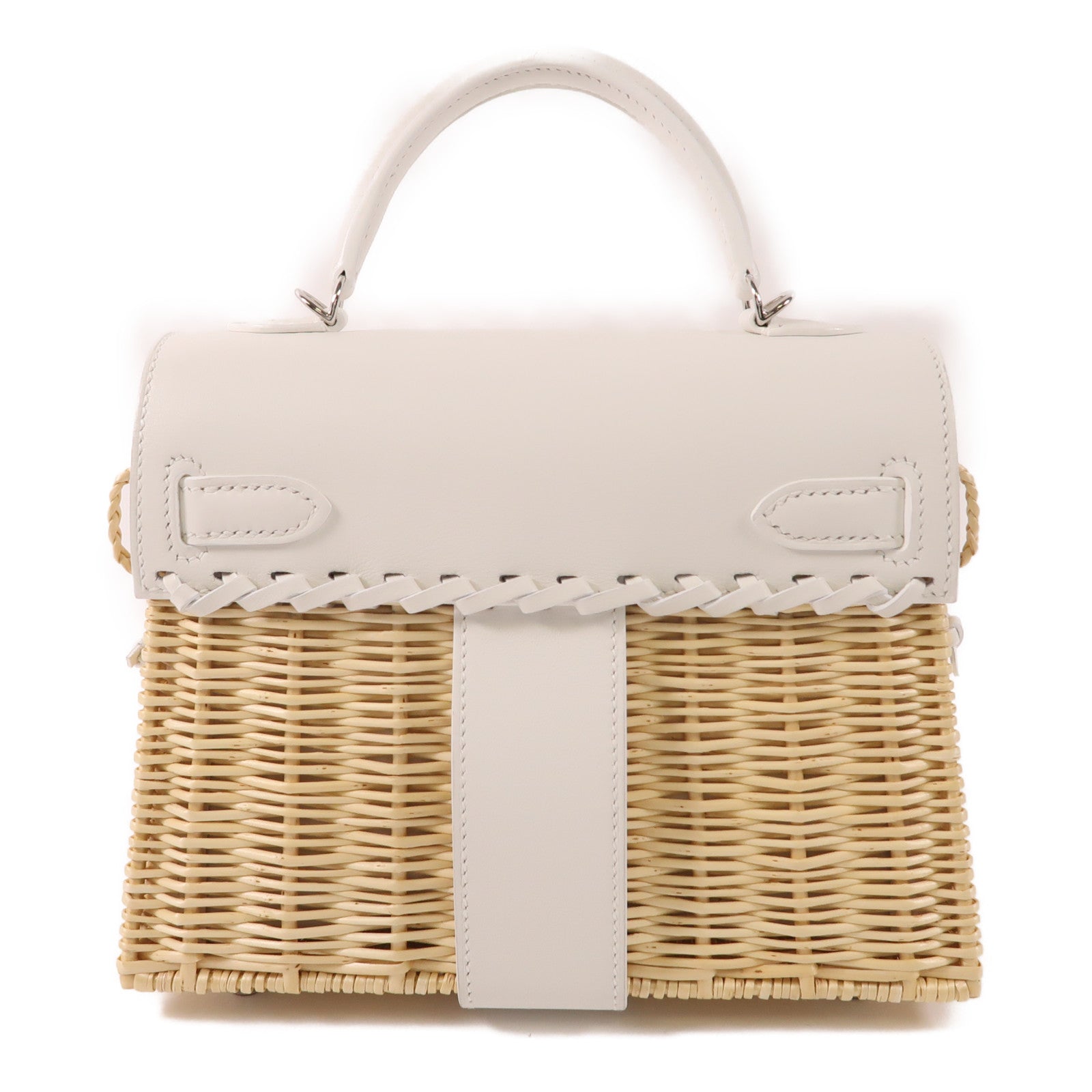 HERMES Wicker/Swift皮革Kelly Picnic Mini銀扣手挽肩背兩用袋White/Beige