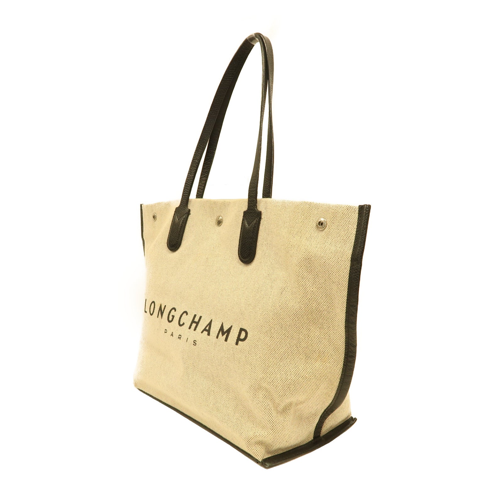 Longchamp 帆布Tote Bag銀扣手挽袋米色/黑色