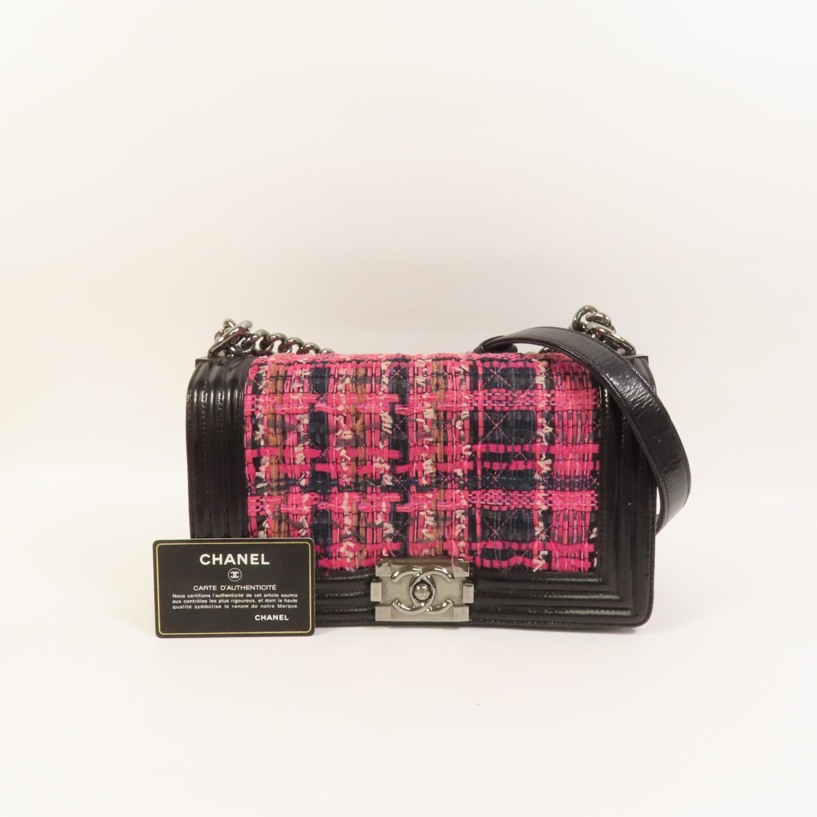 CHANEL 【激減優惠】Tweed/牛皮皮革Boy 25銀扣鏈帶肩背袋