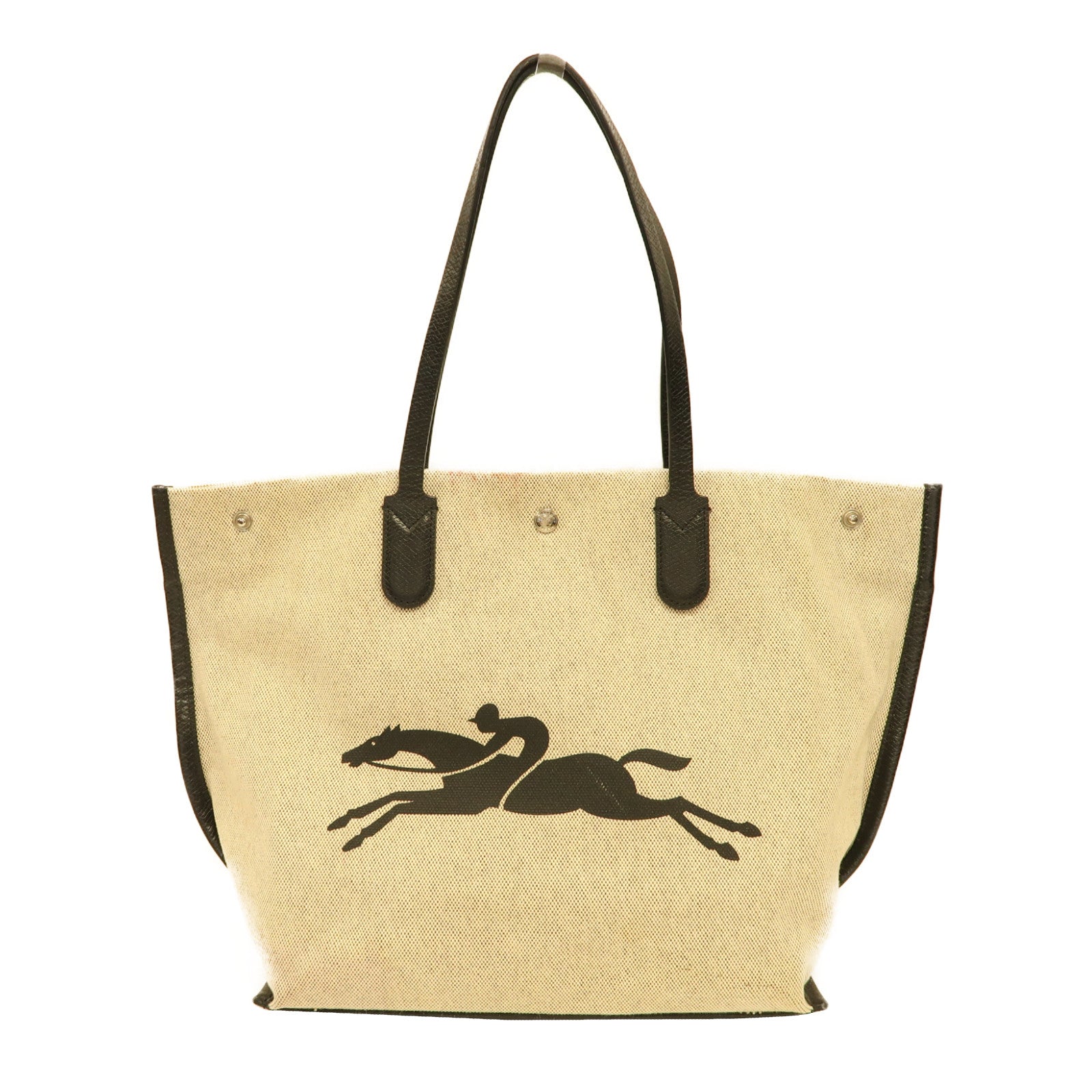Longchamp 帆布Tote Bag銀扣手挽袋米色/黑色