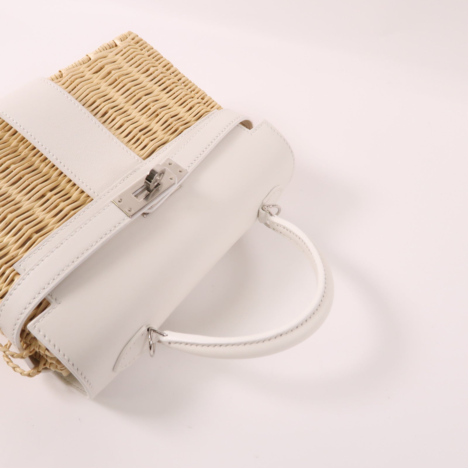 HERMES Wicker/Swift皮革Kelly Picnic Mini銀扣手挽肩背兩用袋White/Beige