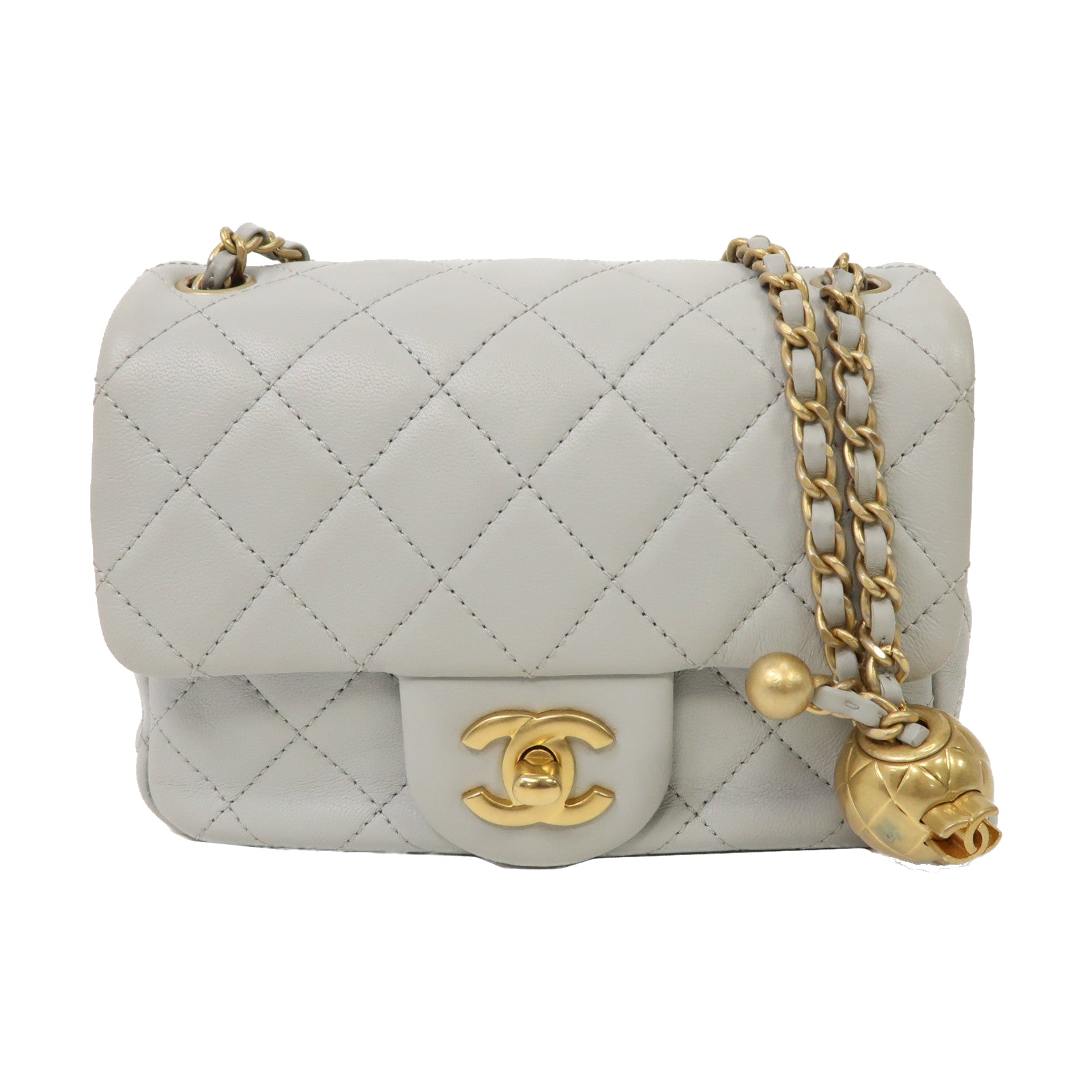 CHANEL 菱格羊皮皮革Gold Ball Mini Flap 17cm金扣鏈帶肩背袋淺灰色