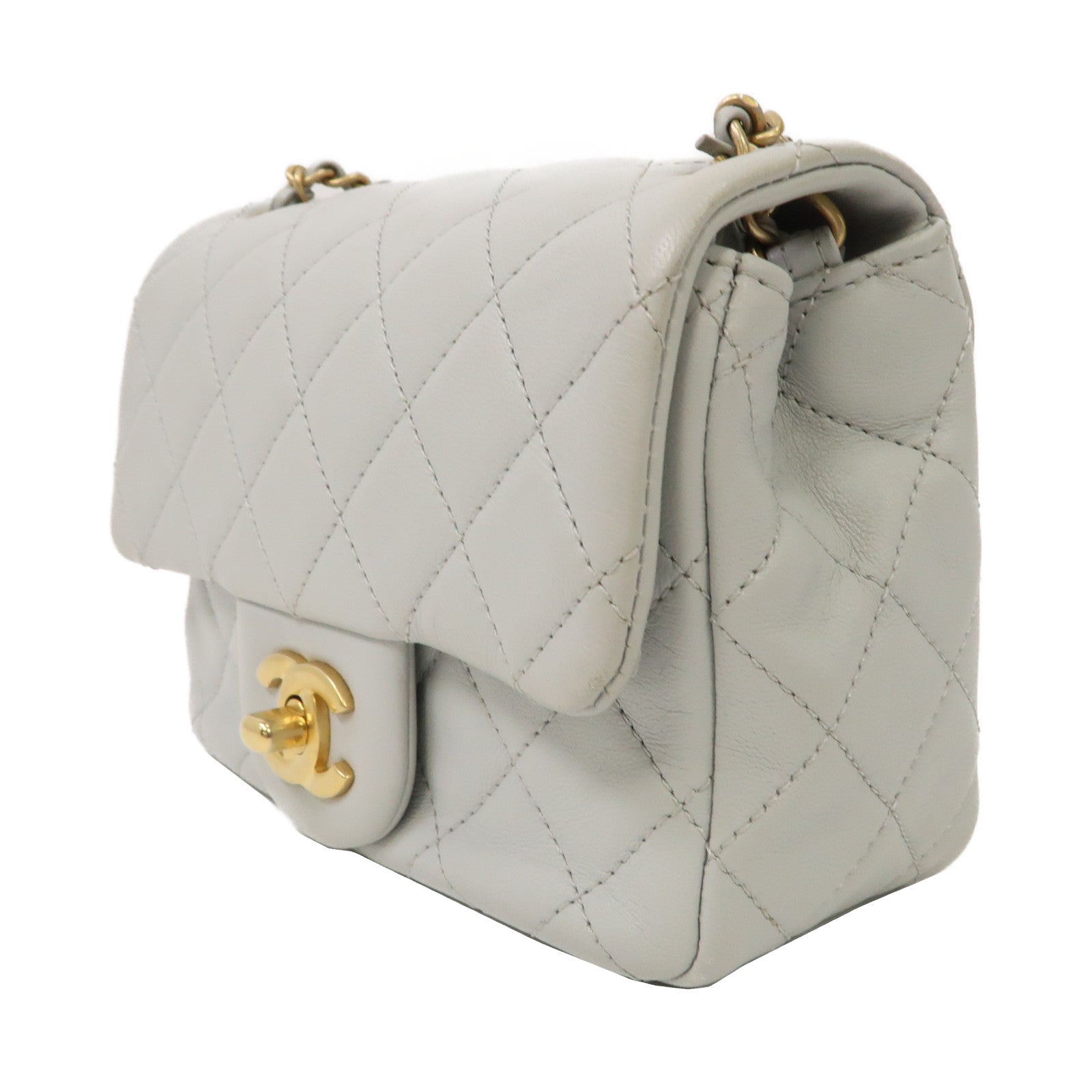 CHANEL 菱格羊皮皮革Gold Ball Mini Flap 17cm金扣鏈帶肩背袋淺灰色