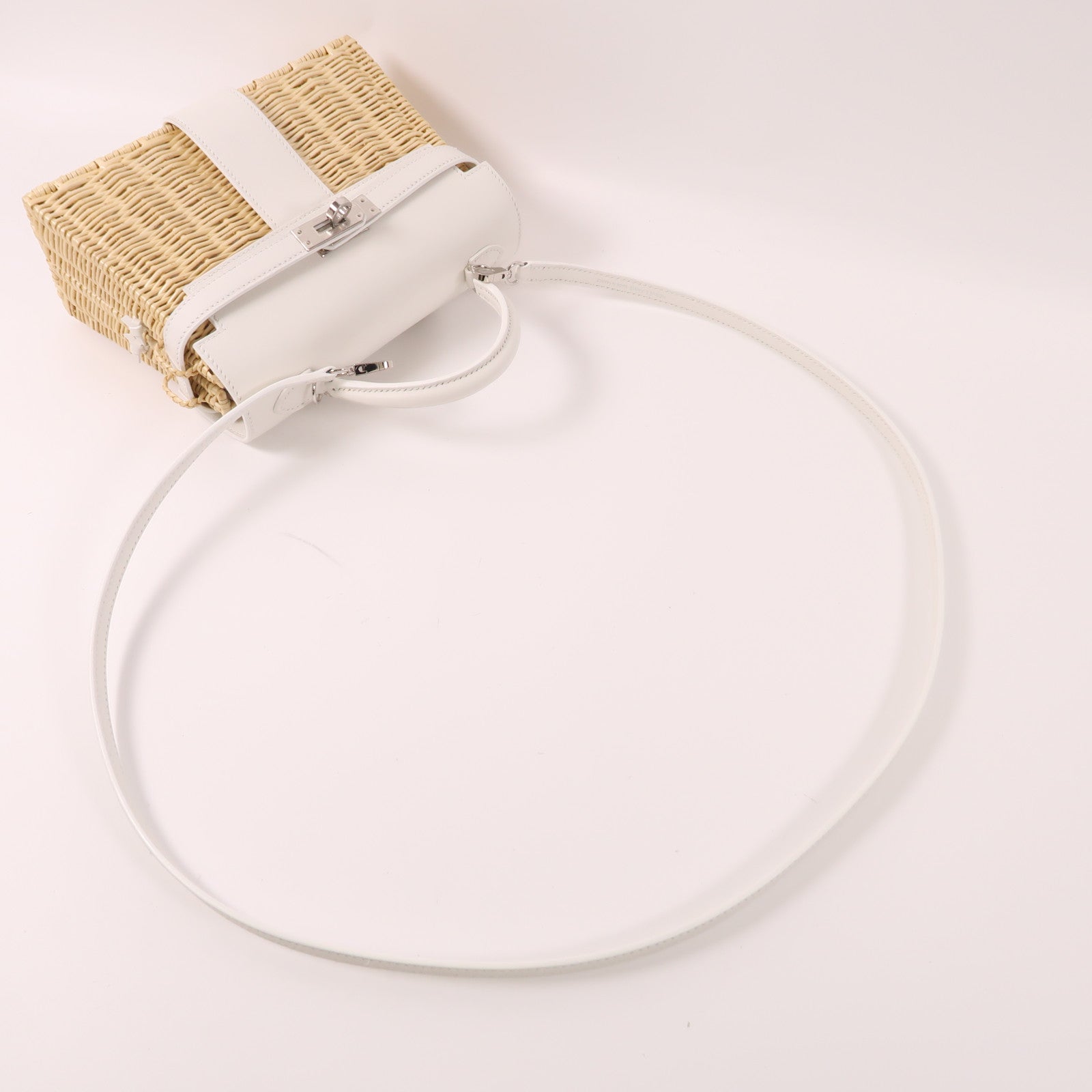 HERMES Wicker/Swift皮革Kelly Picnic Mini銀扣手挽肩背兩用袋White/Beige
