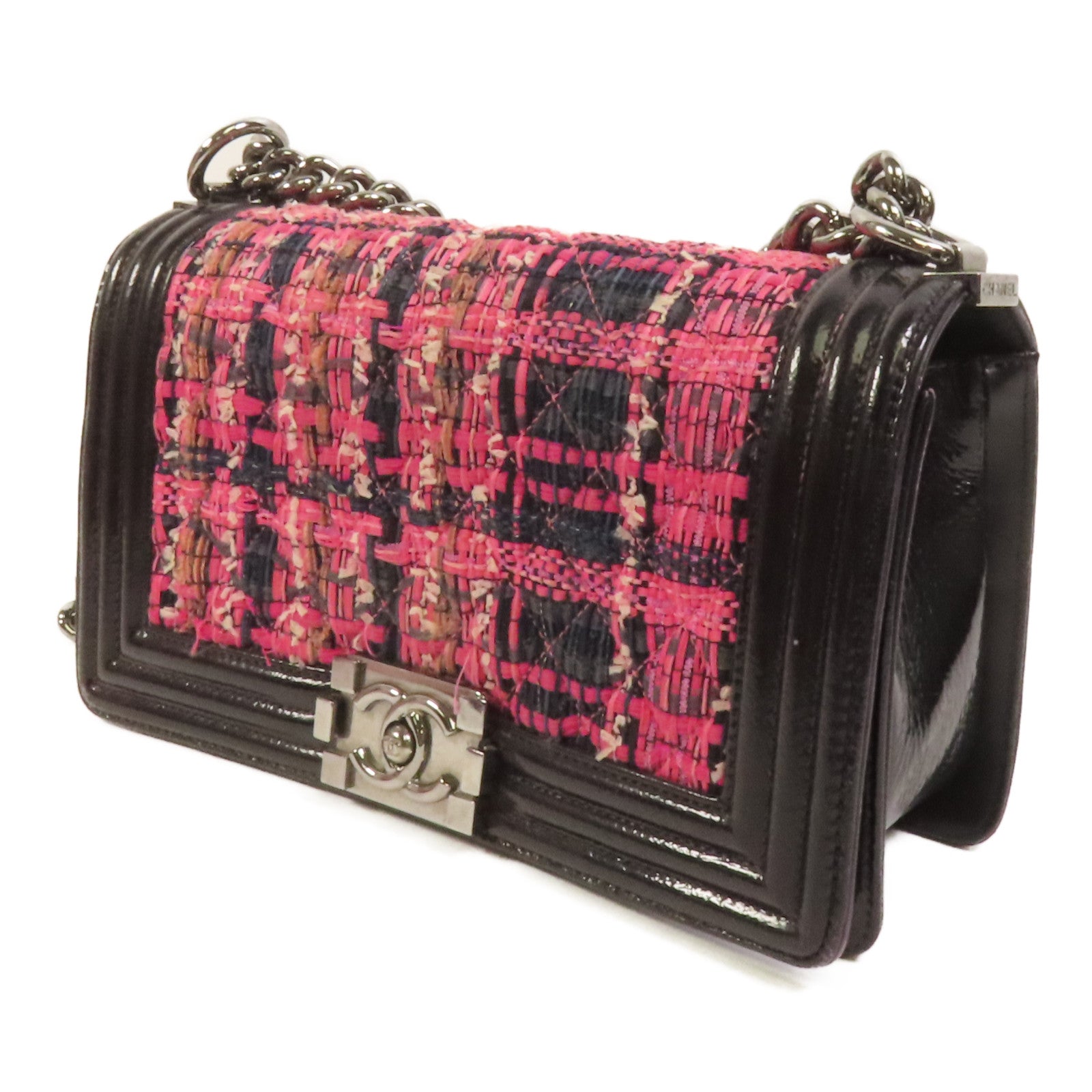 CHANEL 【激減優惠】Tweed/牛皮皮革Boy 25銀扣鏈帶肩背袋