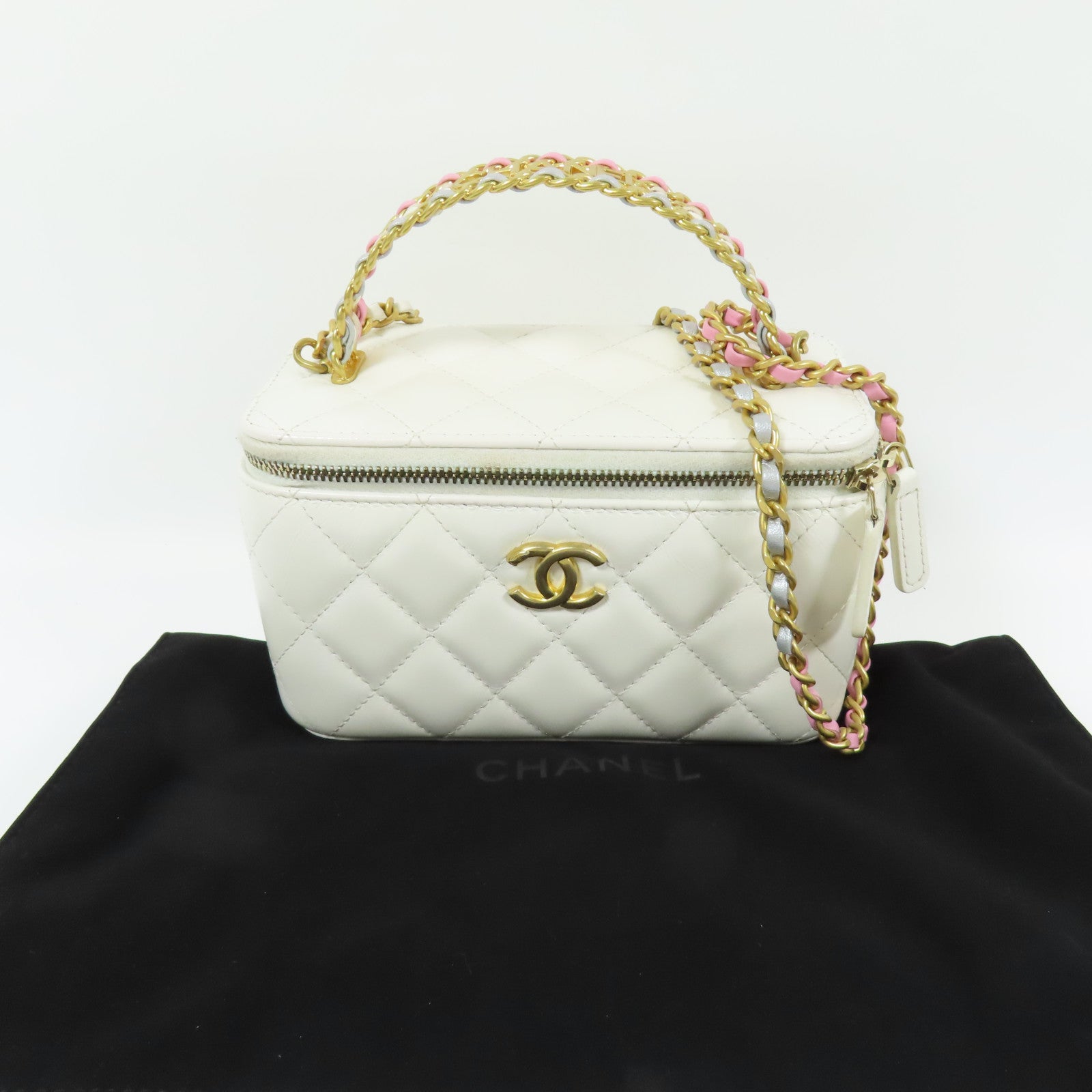 CHANEL 羊皮皮革Vanity Case Handle金扣鏈帶手挽肩背兩用袋
