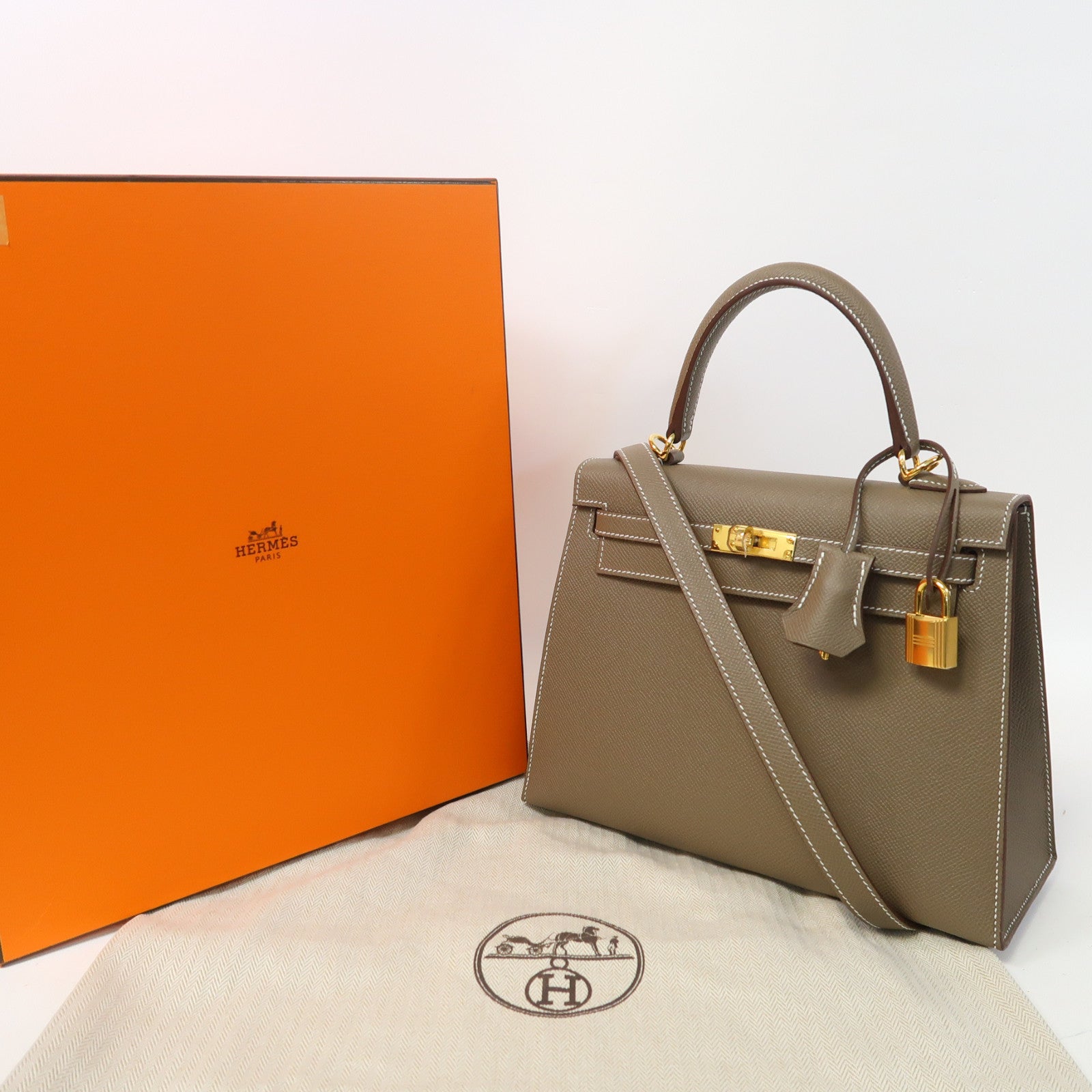 HERMES Epsom皮革Kelly 25金扣手挽肩背兩用袋大象灰色