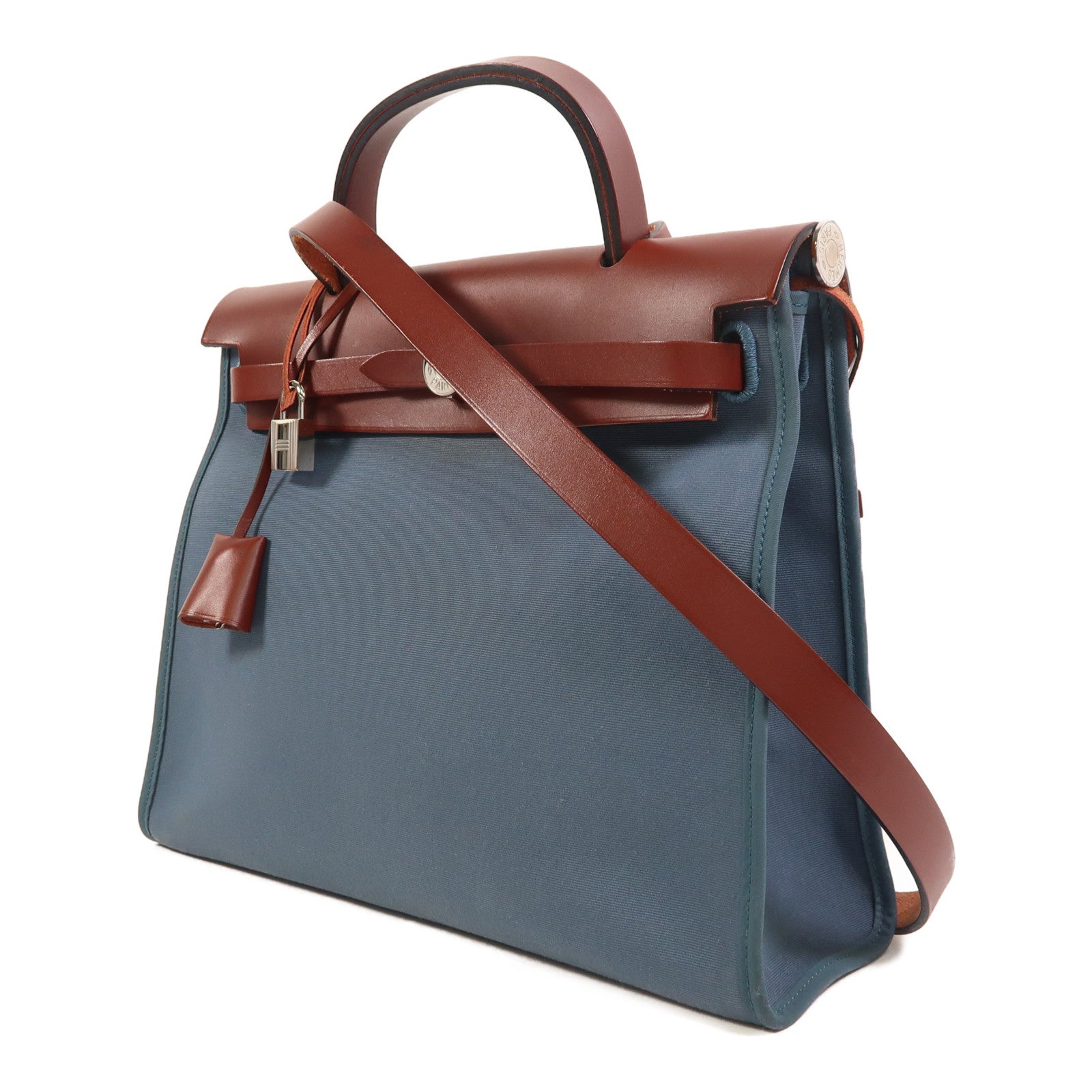 HERMES 帆布Herbag PM銀扣手挽肩背兩用袋Bleu Tempete/Rouge H