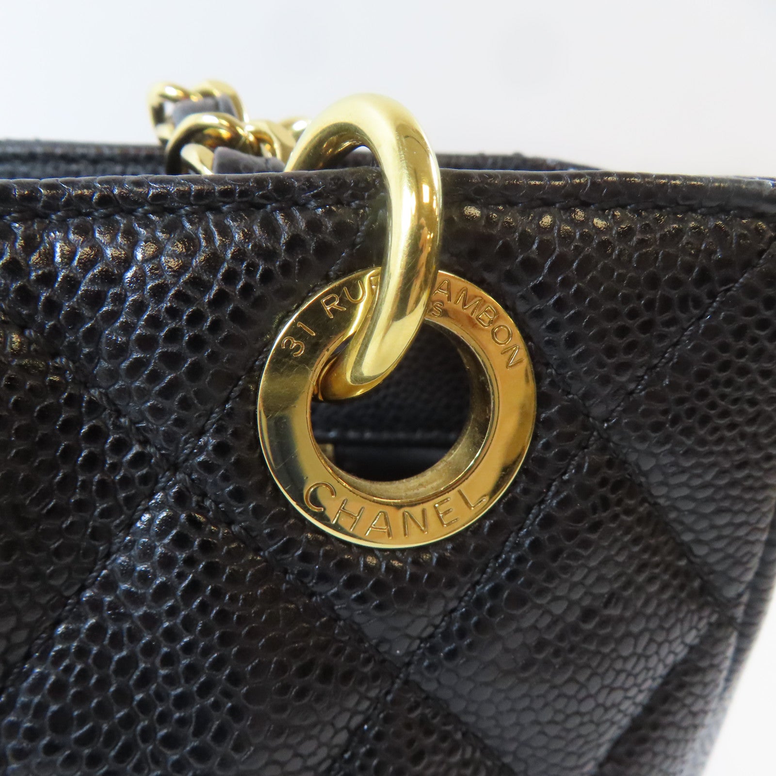 CHANEL 菱格Caviar皮革PST Petite Shopping Tote Bag金扣鏈帶肩背袋黑色