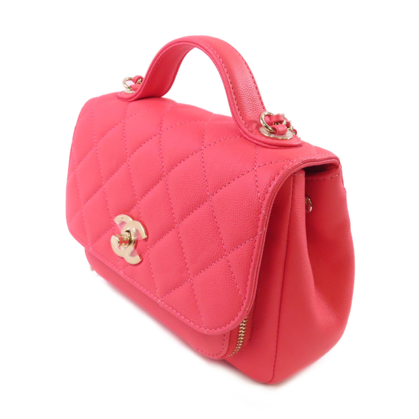 CHANEL 菱格Caviar皮革Affinity 2Way Chain Shoulder Bag金扣鏈帶手挽肩背兩用袋粉紅色