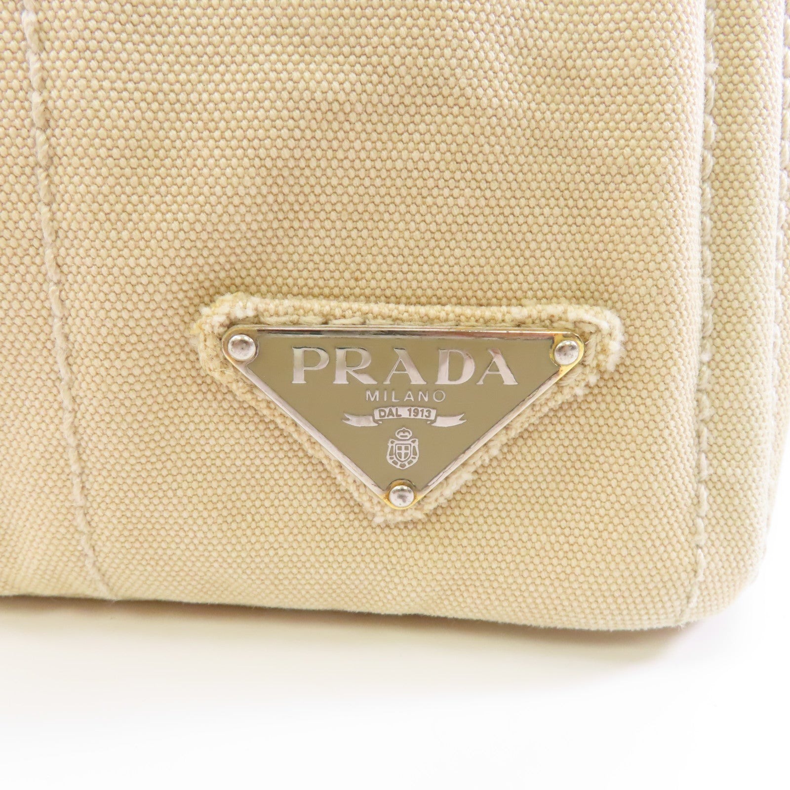 PRADA 帆布Tote Bag銀扣手挽袋米色