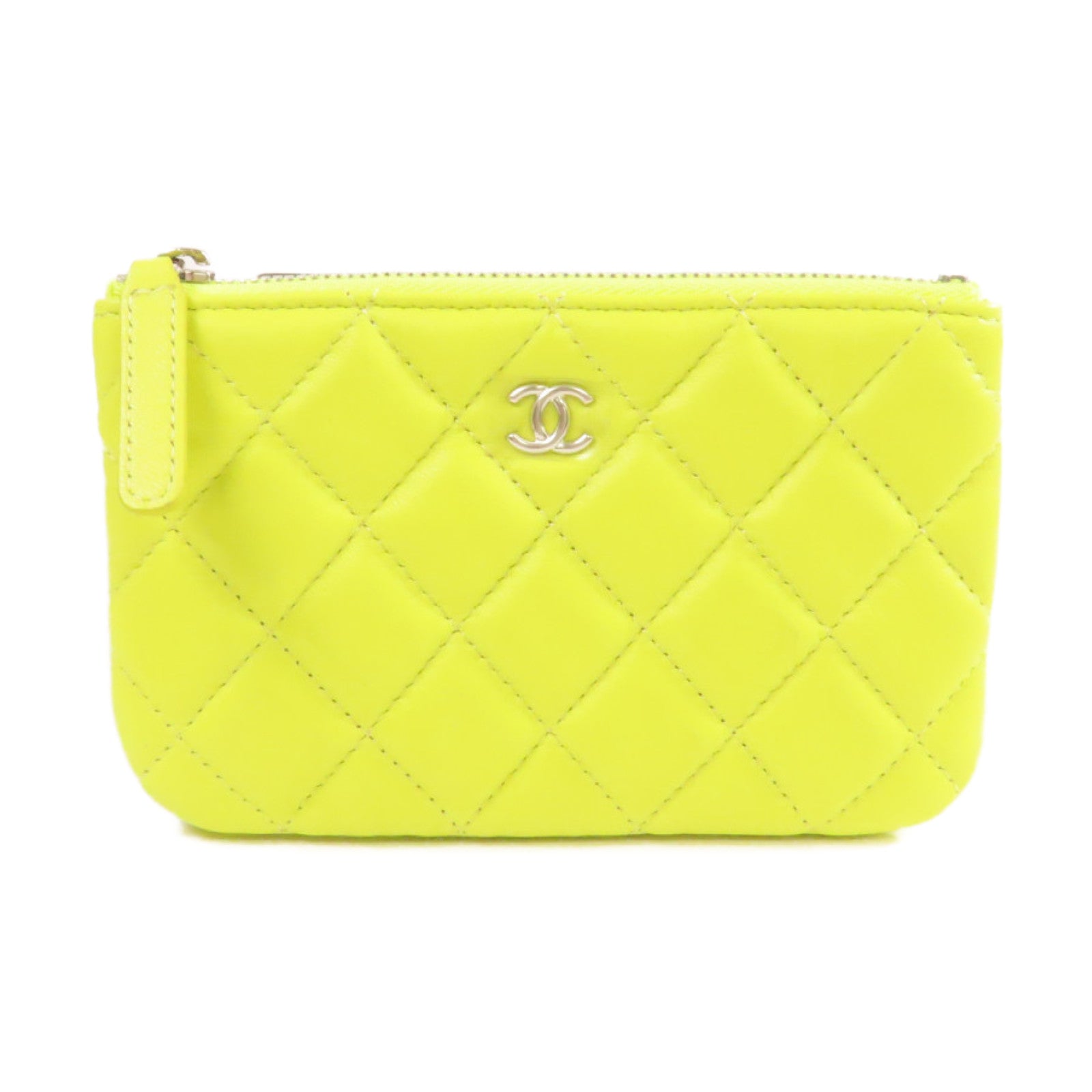 CHANEL 菱格羊皮皮革Mini Pouch金扣手拿包檸檬黃色
