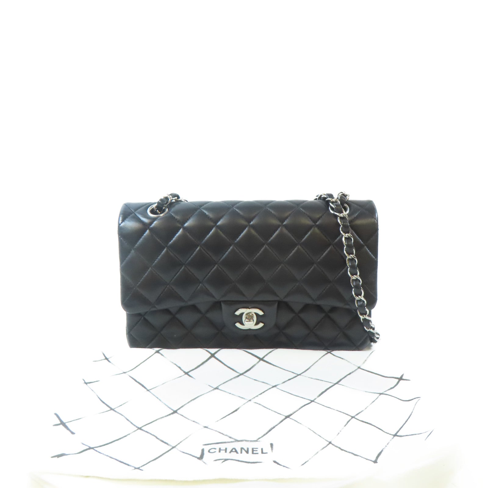 CHANEL 【激減優惠】菱格羊皮皮革Classic 25cm銀扣鏈帶肩背袋黑色