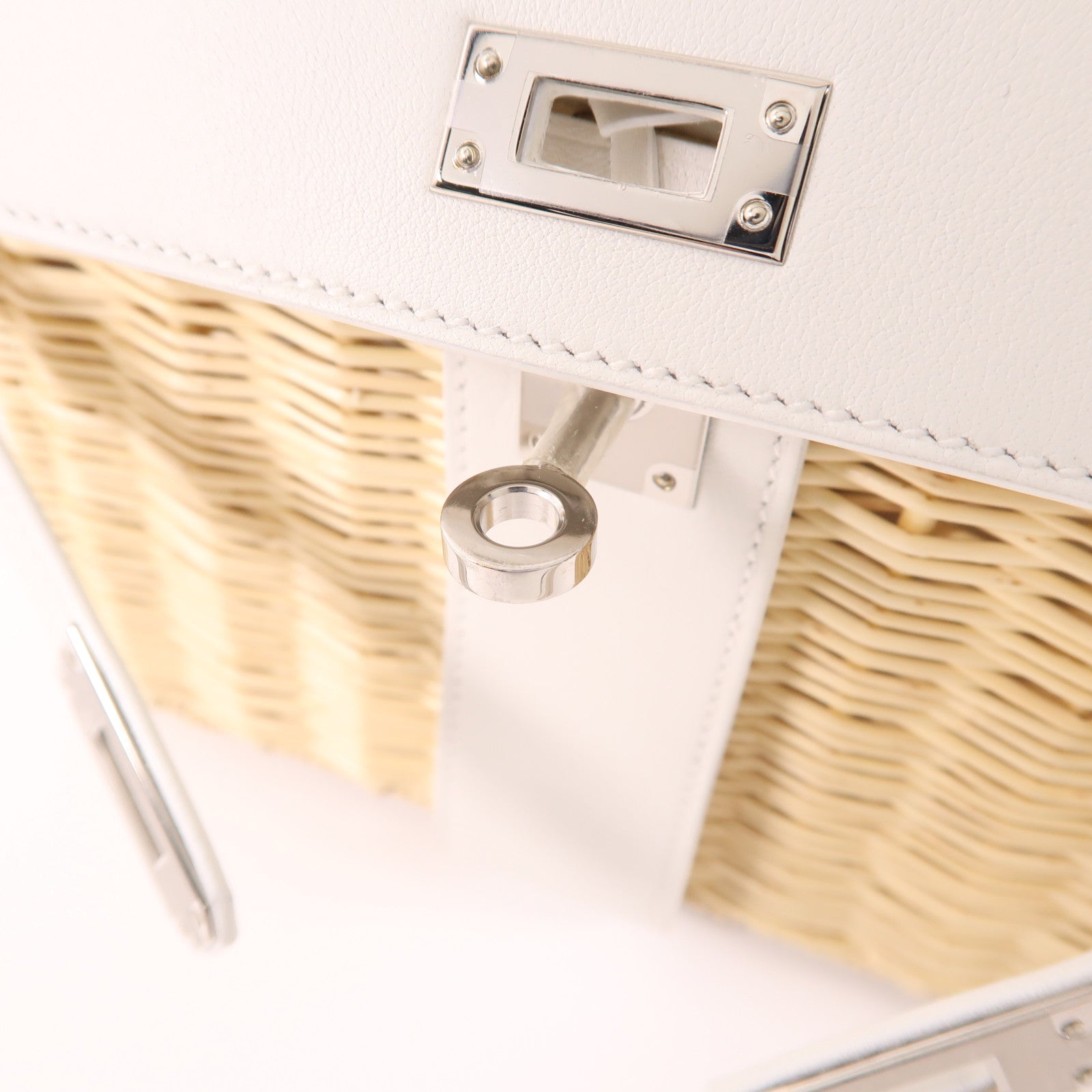 HERMES Wicker/Swift皮革Kelly Picnic Mini銀扣手挽肩背兩用袋White/Beige