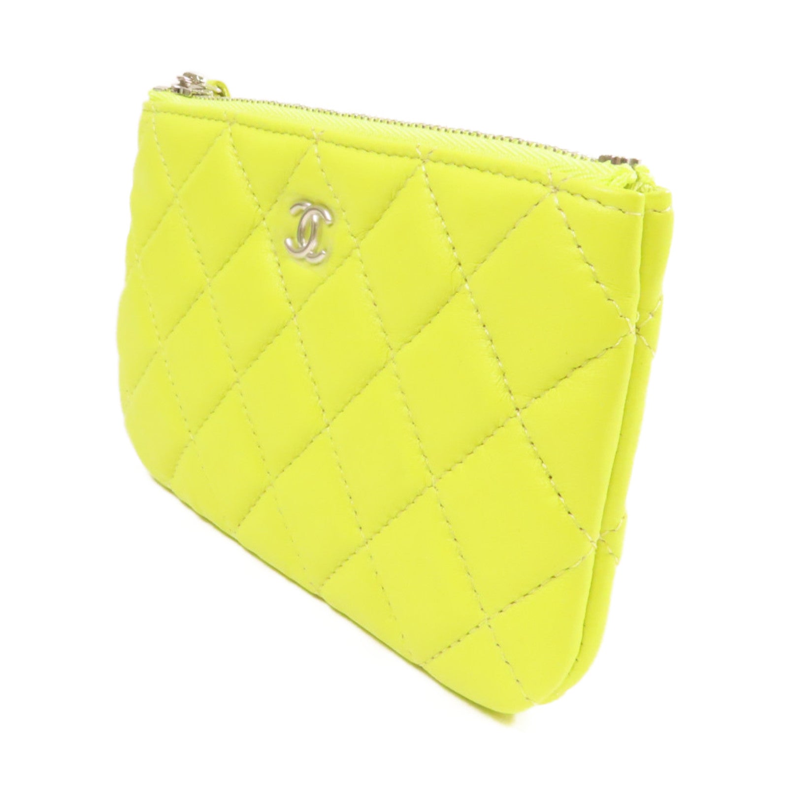 CHANEL 菱格羊皮皮革Mini Pouch金扣手拿包檸檬黃色