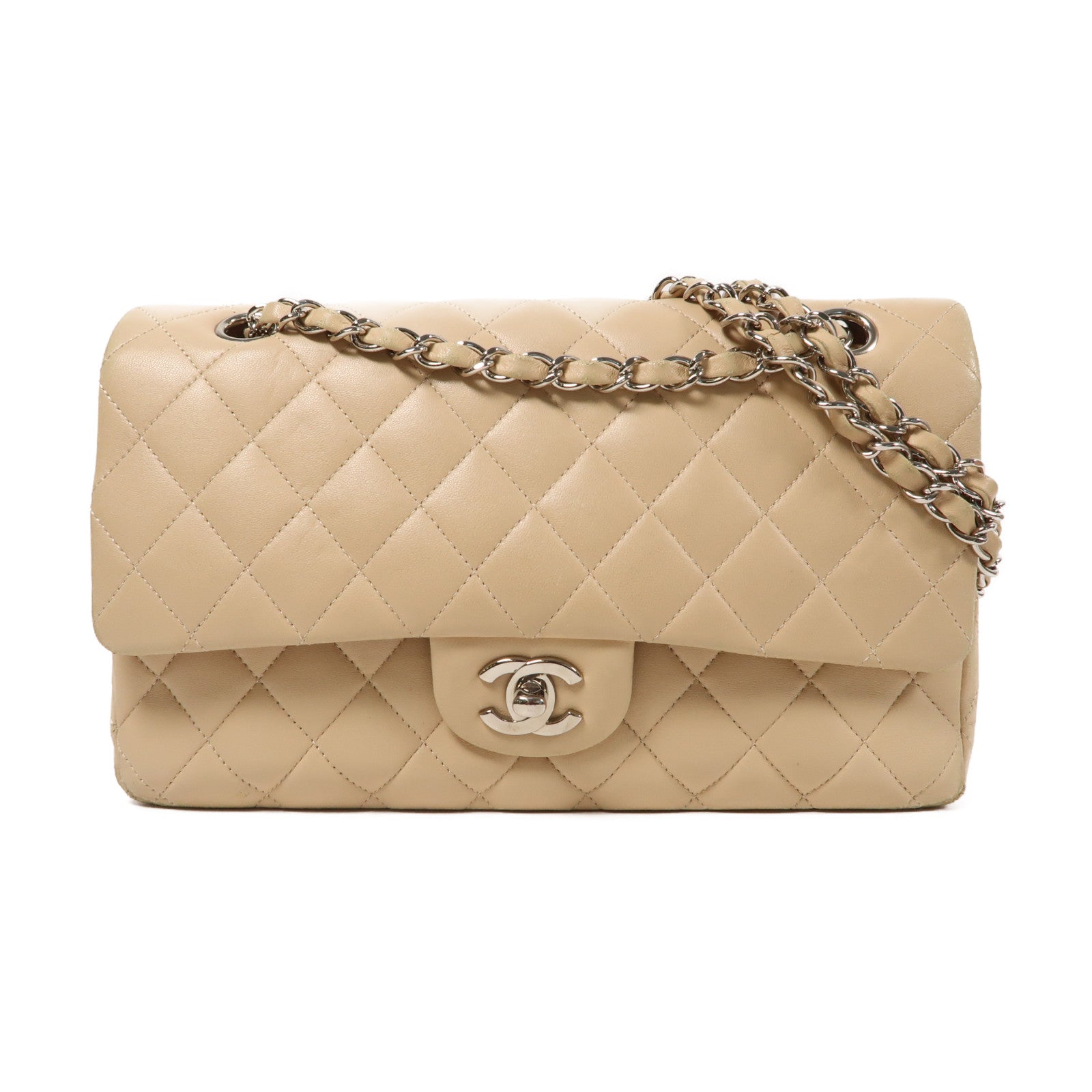 CHANEL 菱格羊皮皮革Chain Shoulder Bag銀扣鏈帶肩背袋米色