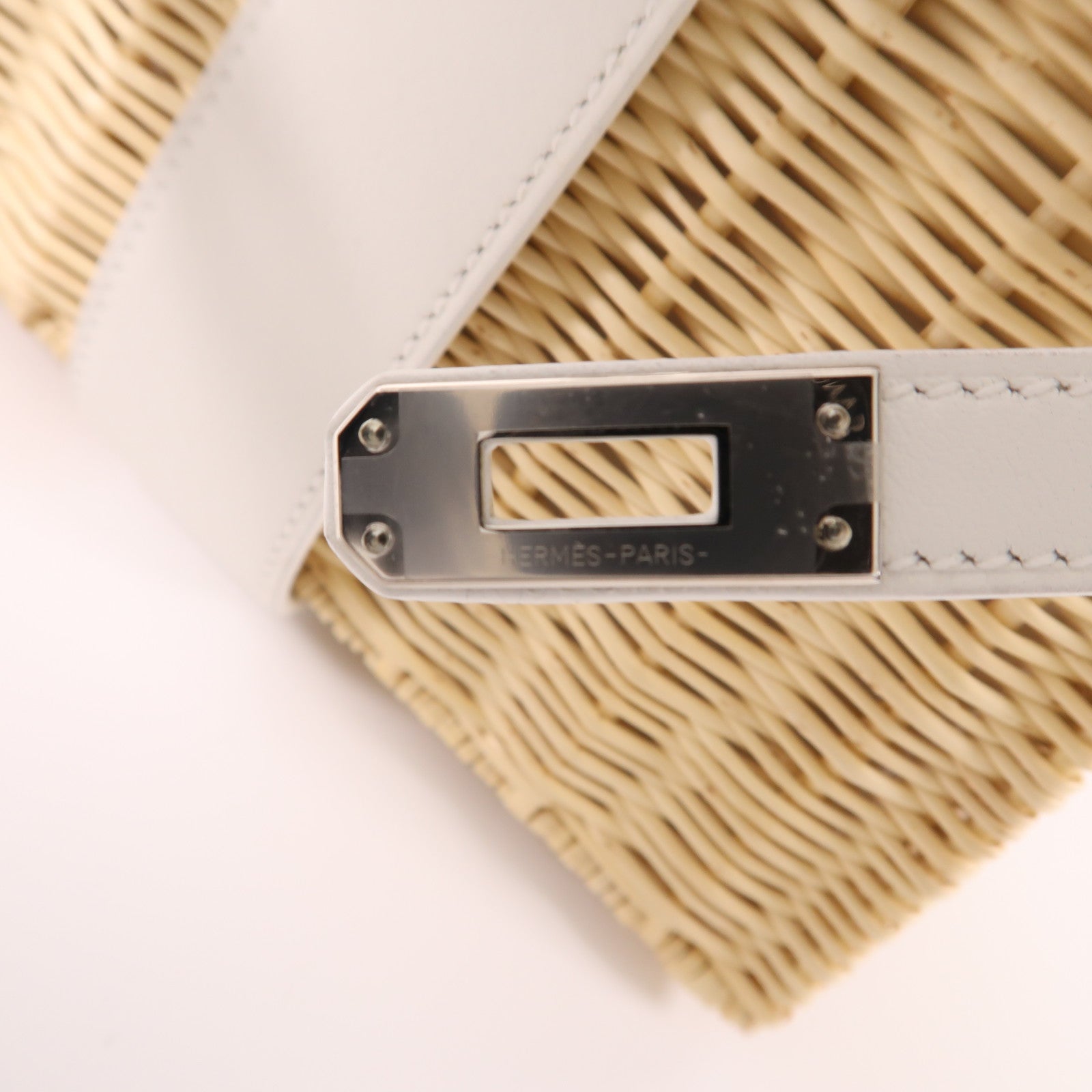 HERMES Wicker/Swift皮革Kelly Picnic Mini銀扣手挽肩背兩用袋White/Beige