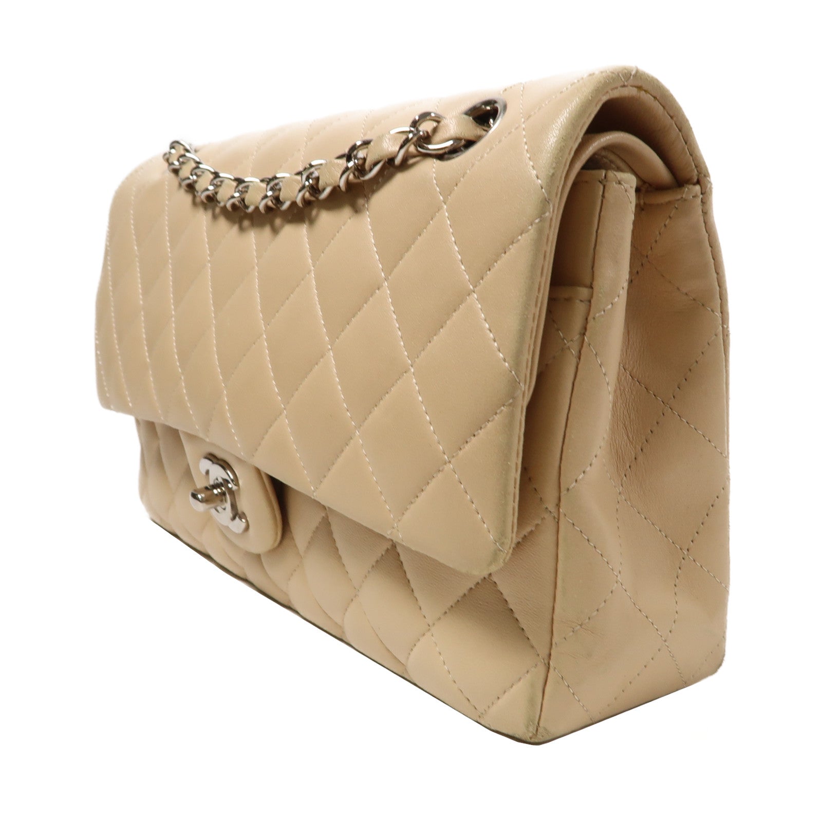 CHANEL 菱格羊皮皮革Chain Shoulder Bag銀扣鏈帶肩背袋米色