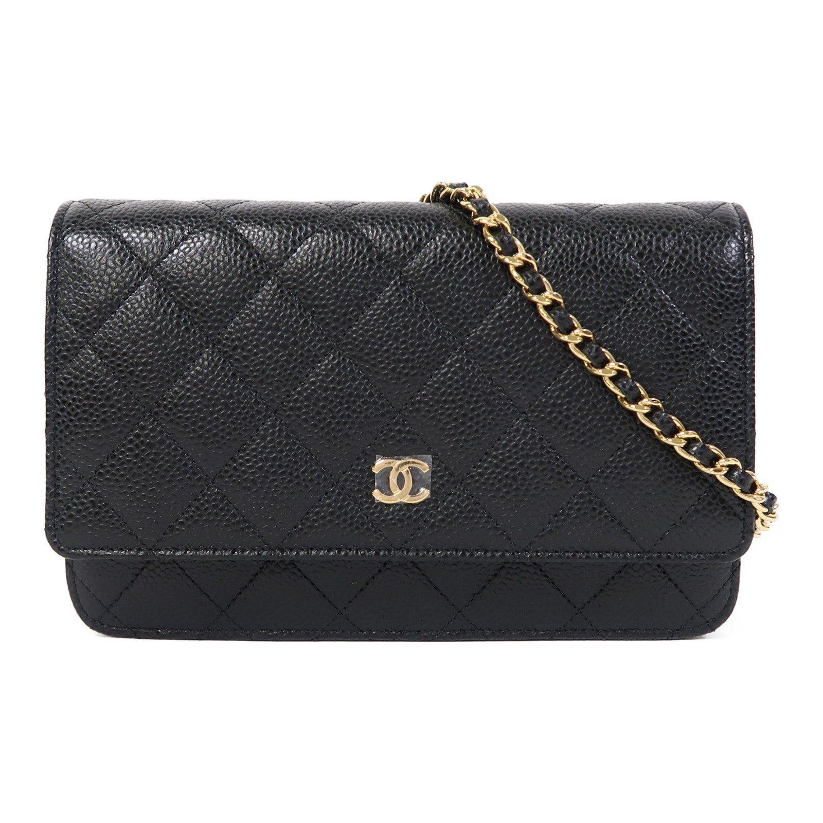 CHANEL 菱格Caviar皮革Wallet On Chain金扣鏈帶肩背袋黑色