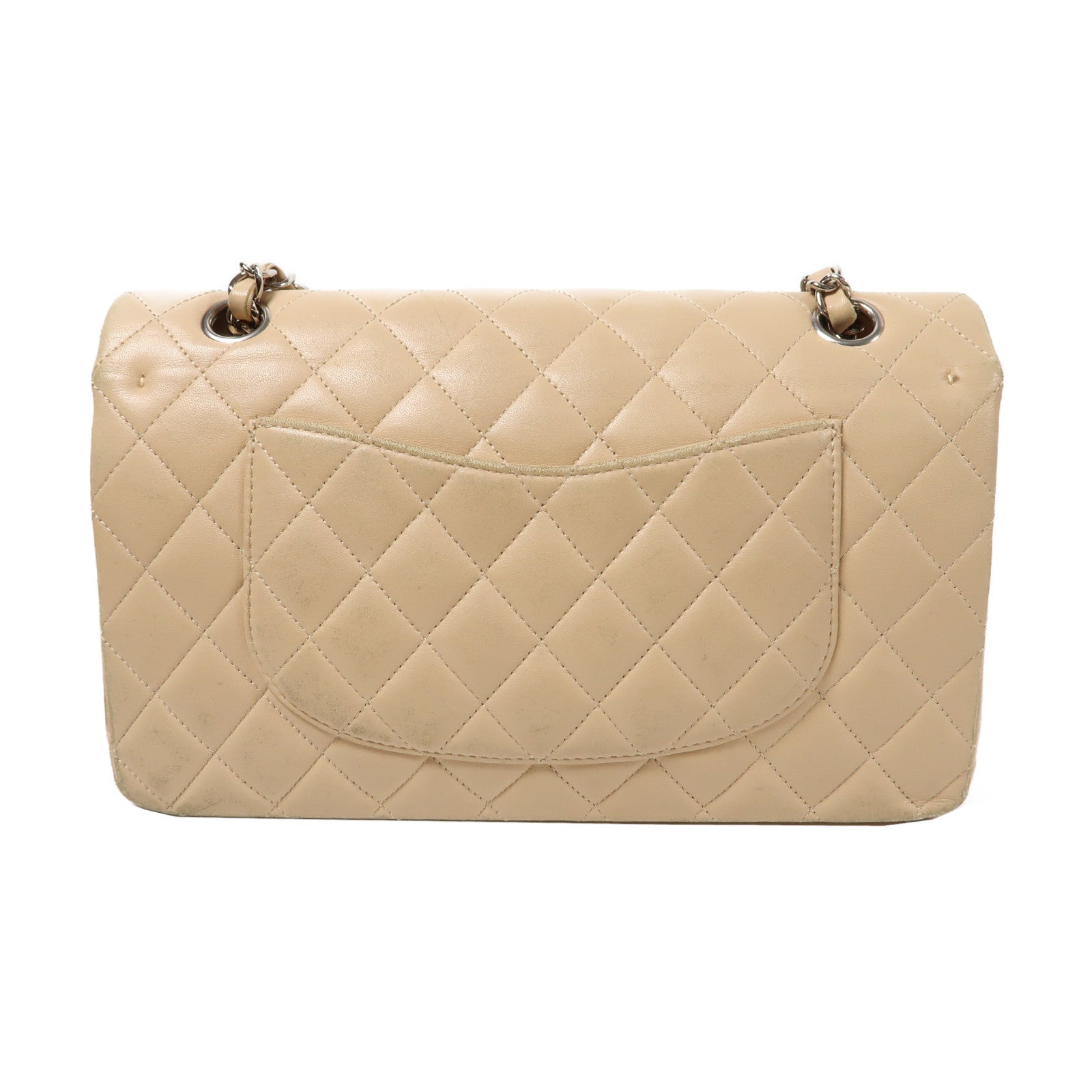CHANEL 菱格羊皮皮革Chain Shoulder Bag銀扣鏈帶肩背袋米色