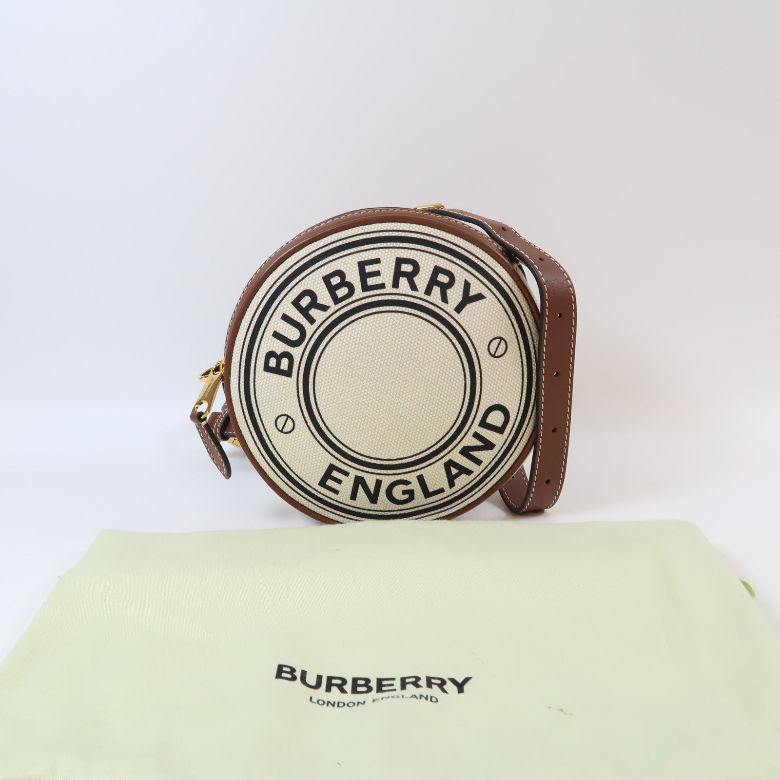 BURBERRY 牛皮皮革/帆布Louise Bag金扣肩背袋米色/啡色