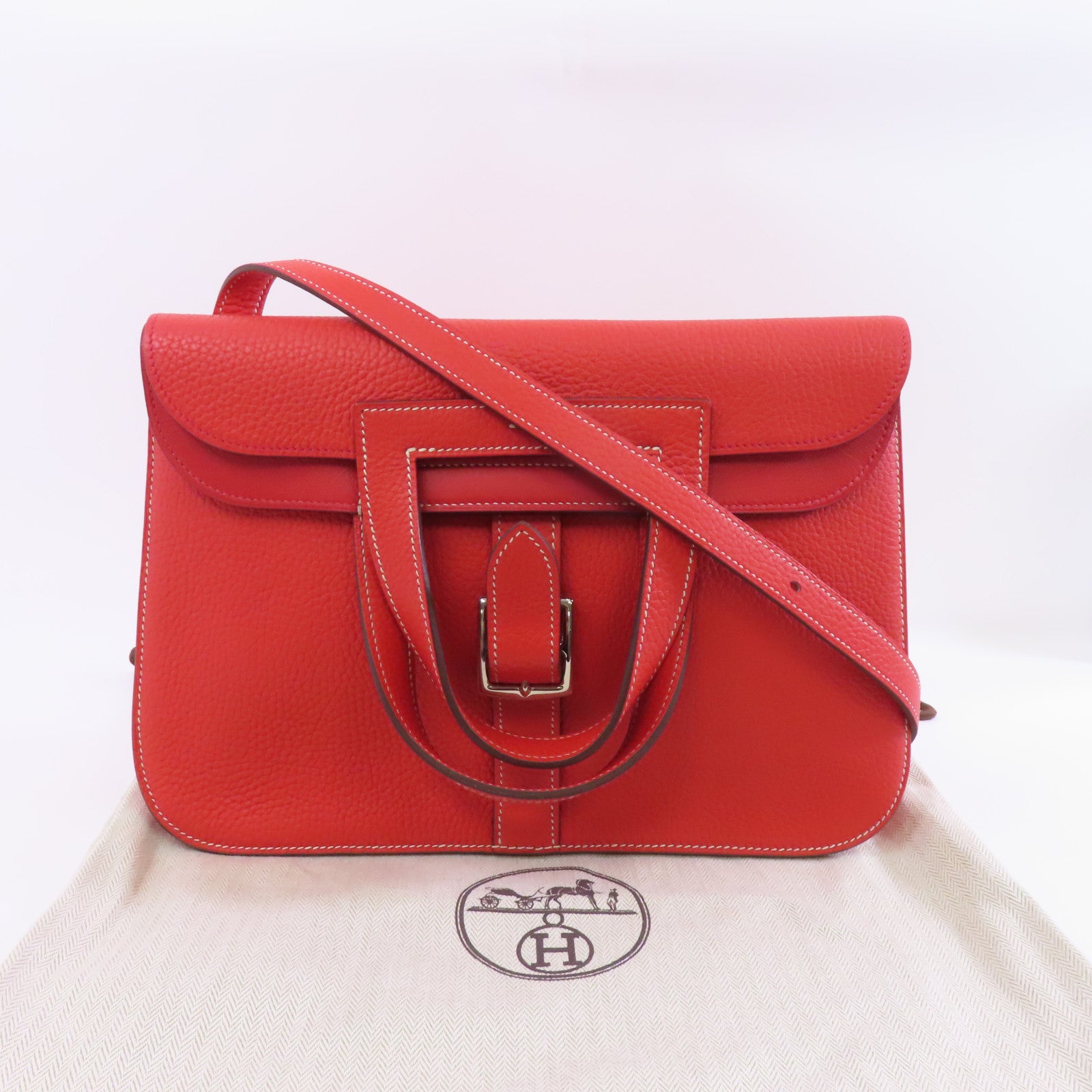 HERMES Clemence皮革Halzan 31銀扣手挽肩背兩用袋Rouge Tomate/紅色