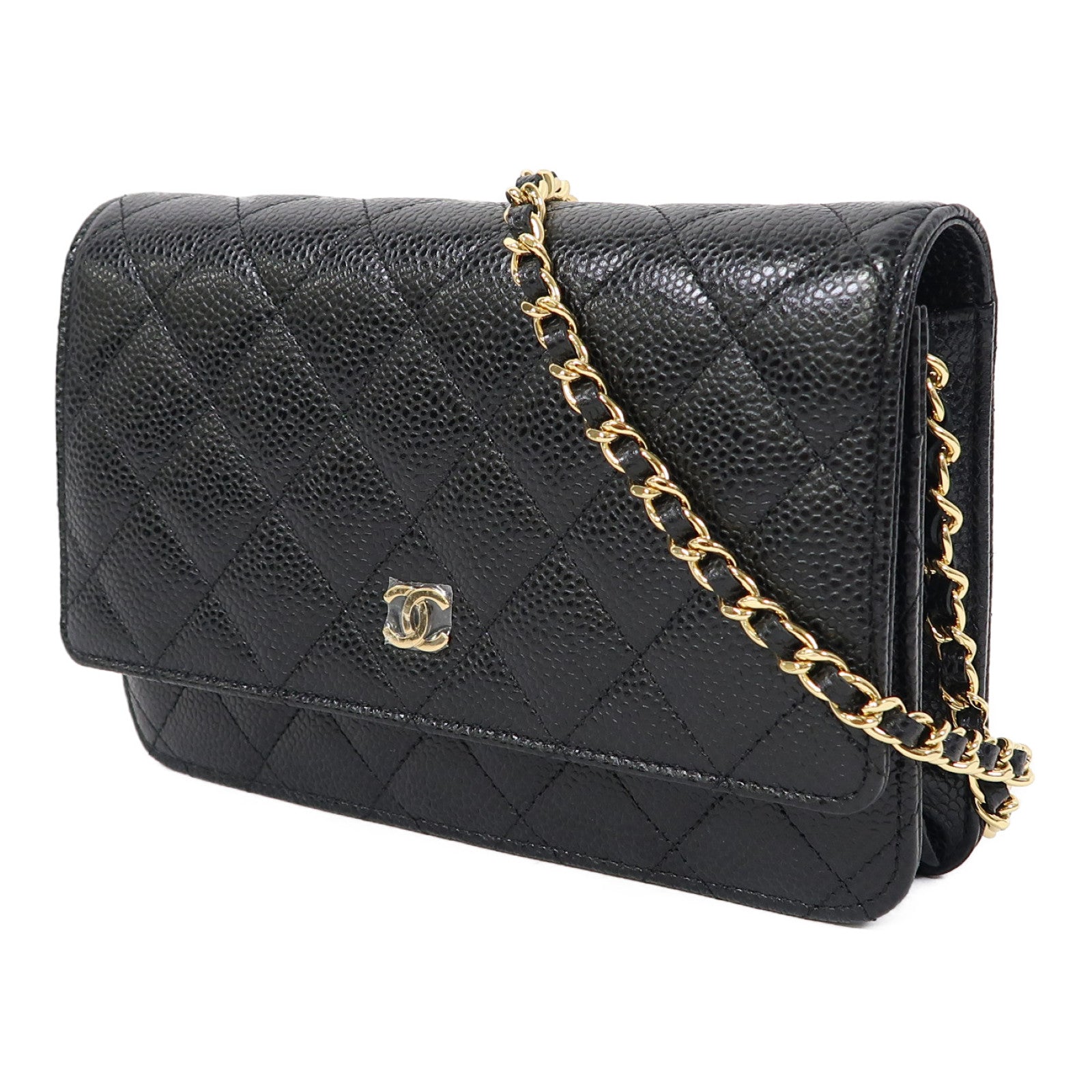 CHANEL 菱格Caviar皮革Wallet On Chain金扣鏈帶肩背袋黑色
