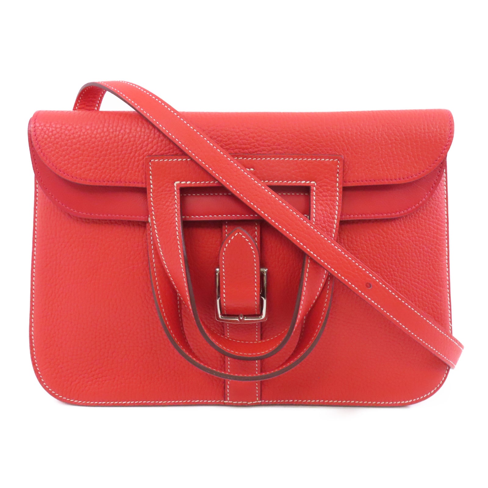 HERMES Clemence皮革Halzan 31銀扣手挽肩背兩用袋Rouge Tomate/紅色
