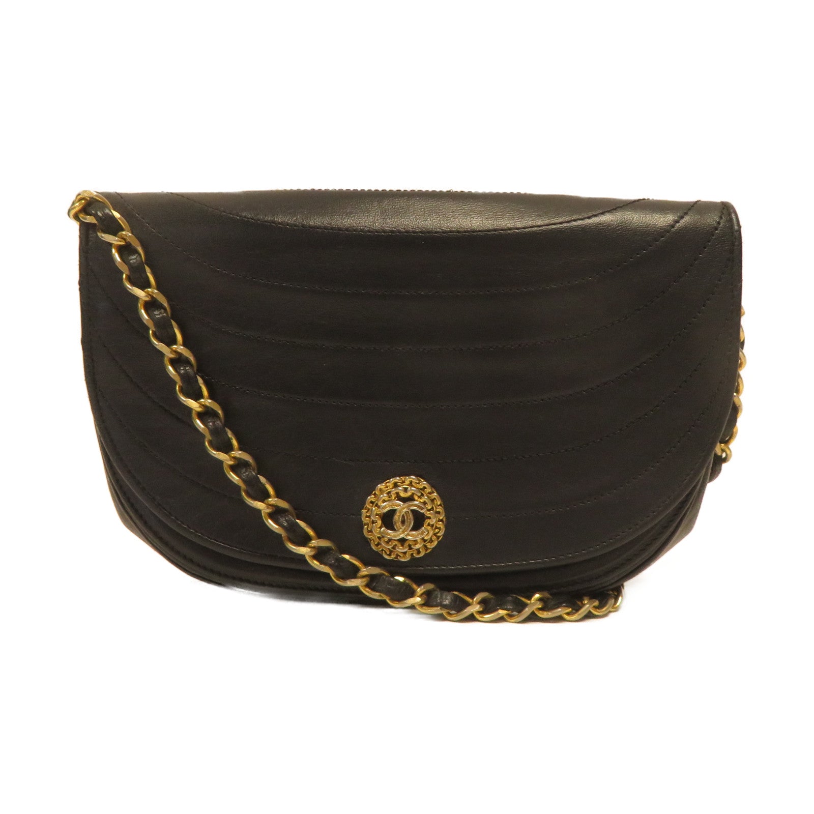 CHANEL **【激減優惠】羊皮皮革Chain Shoulder金扣鏈帶肩背袋黑色