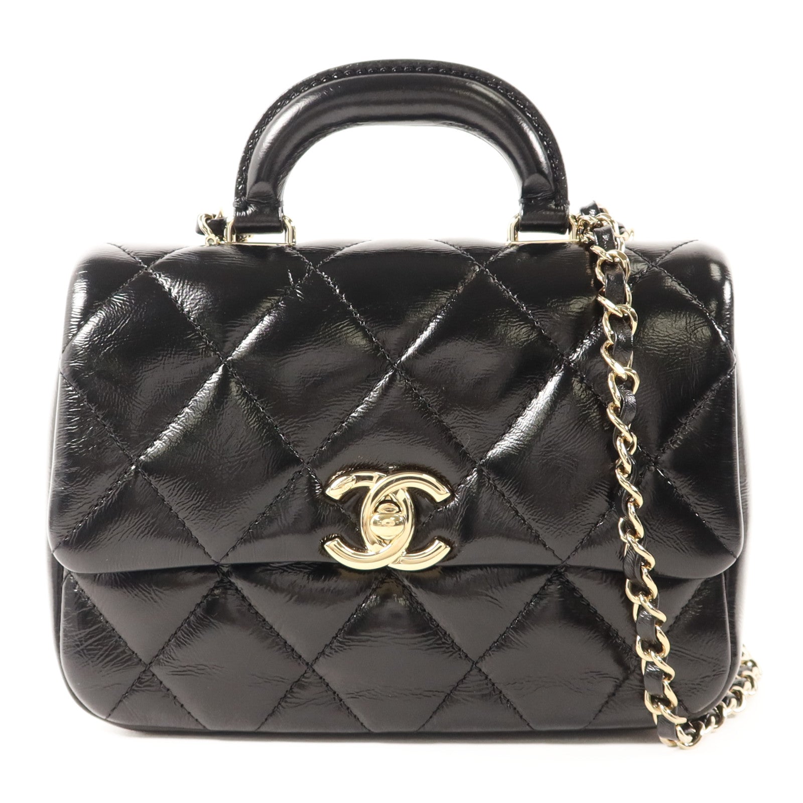 CHANEL 牛皮皮革Mini Flap With Handle金扣鏈帶手挽肩背兩用袋