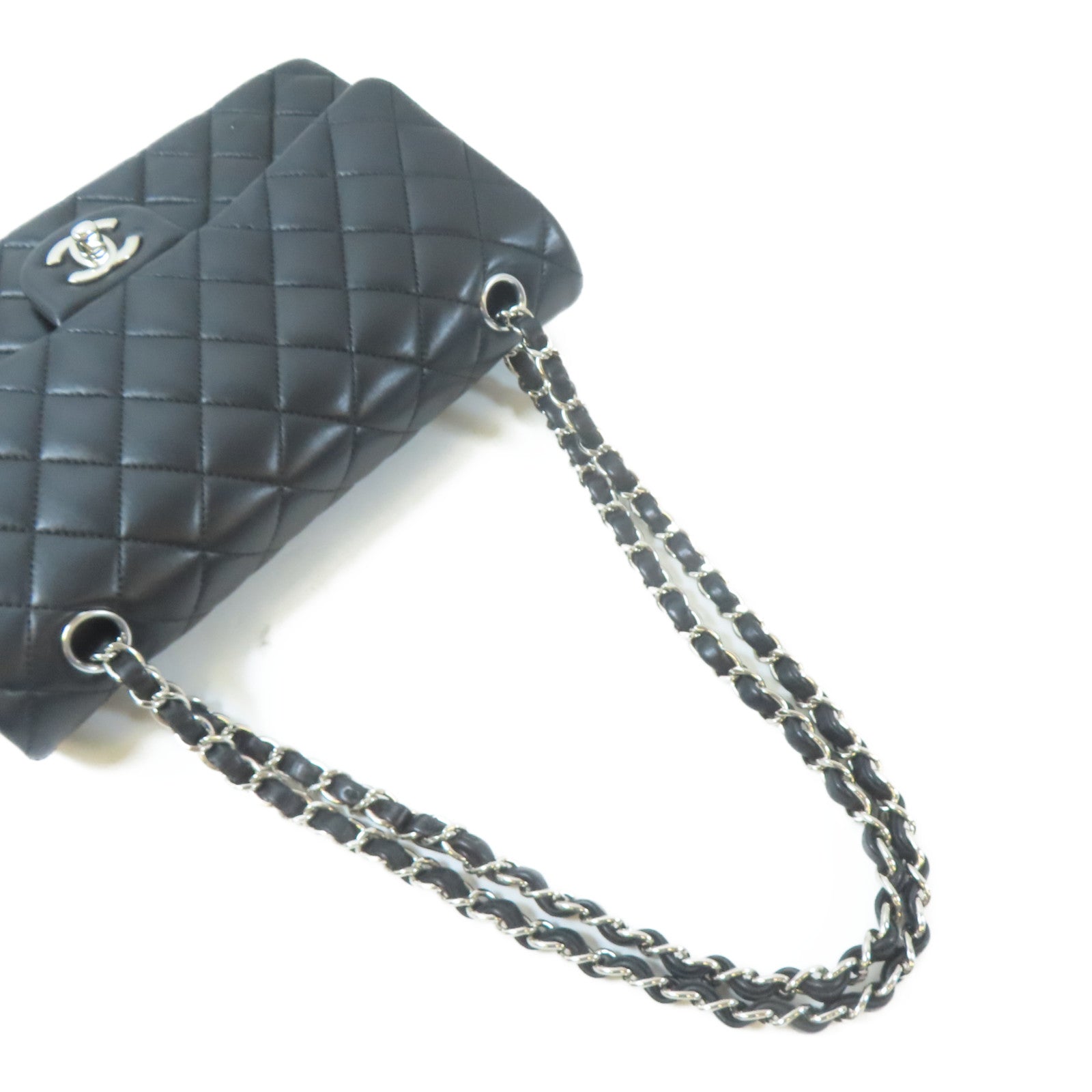 CHANEL 【激減優惠】菱格羊皮皮革Classic 25cm銀扣鏈帶肩背袋黑色