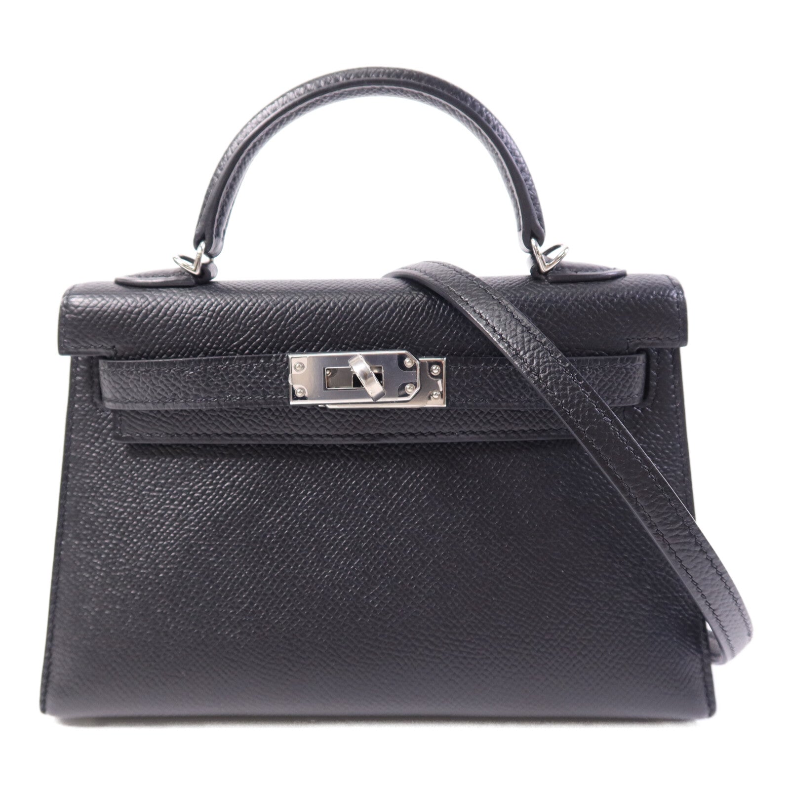 HERMES Epsom皮革Mini Kelly II銀扣手挽肩背兩用袋Noir