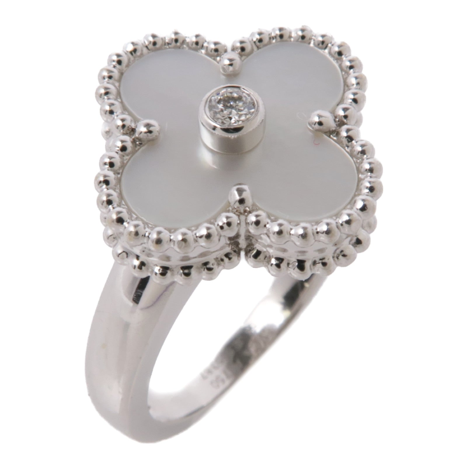 Van Cleef & Arpels 18K白金Vintage Alhambra Ring鑽石/珍珠母貝戒指#6.25