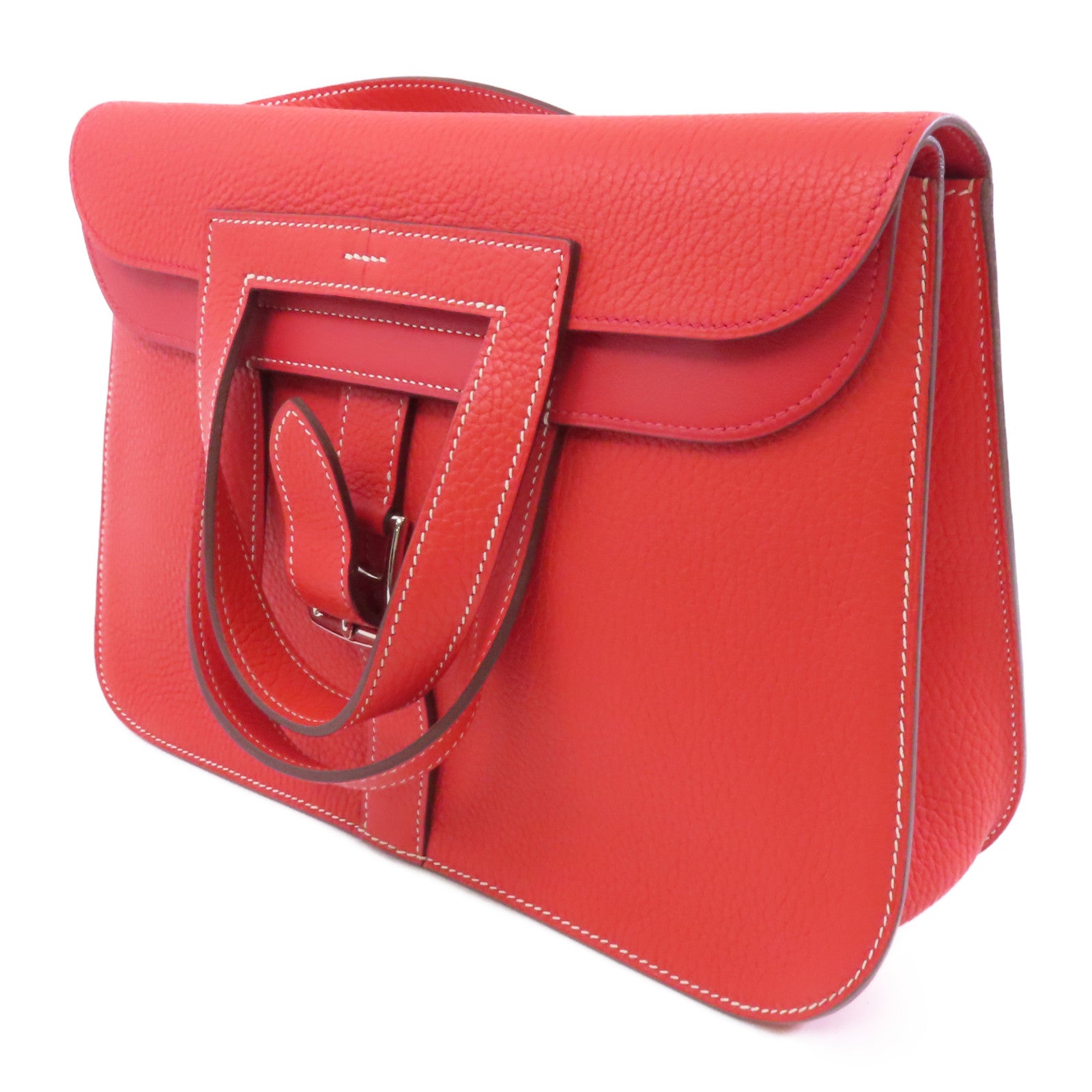 HERMES Clemence皮革Halzan 31銀扣手挽肩背兩用袋Rouge Tomate/紅色