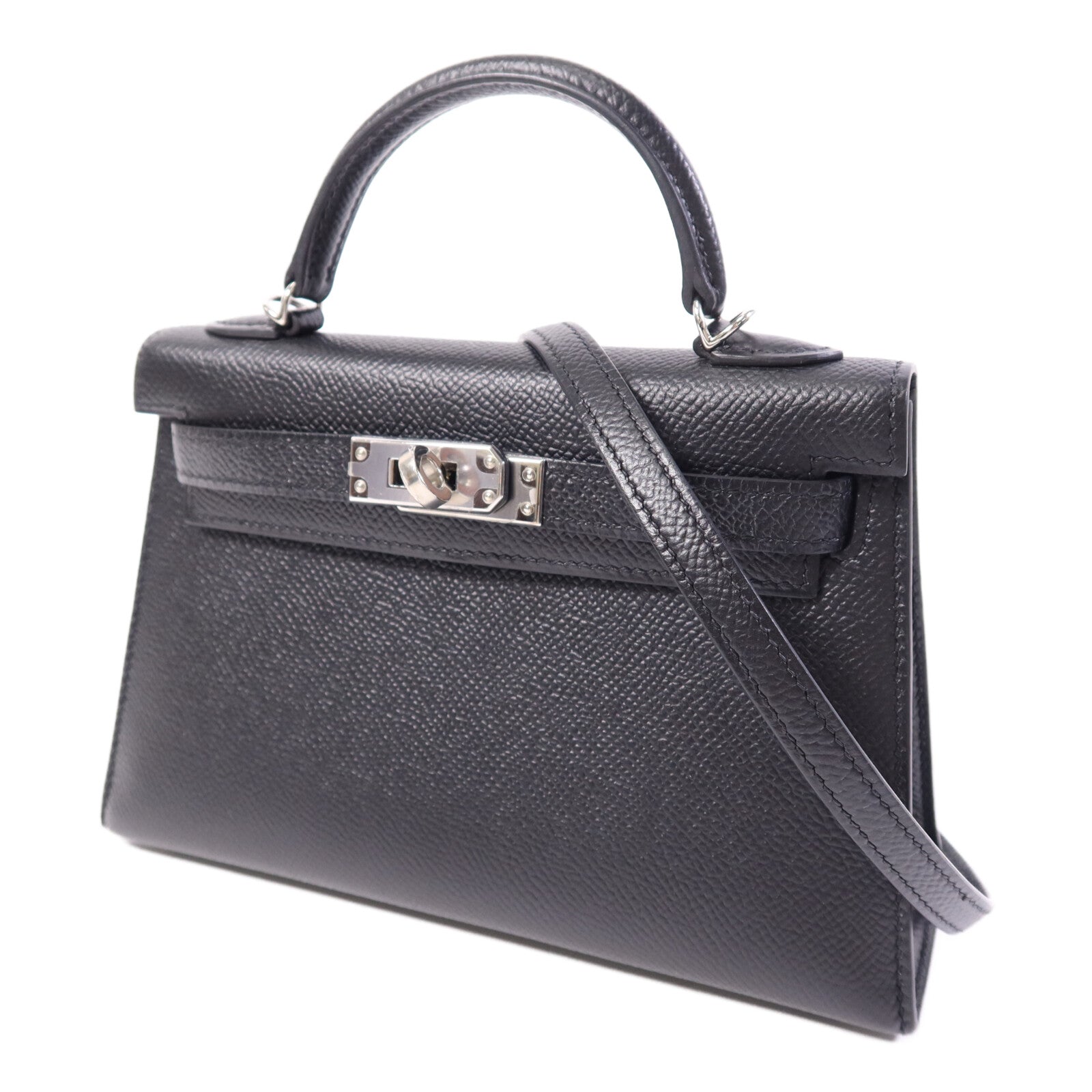 HERMES Epsom皮革Mini Kelly II銀扣手挽肩背兩用袋Noir