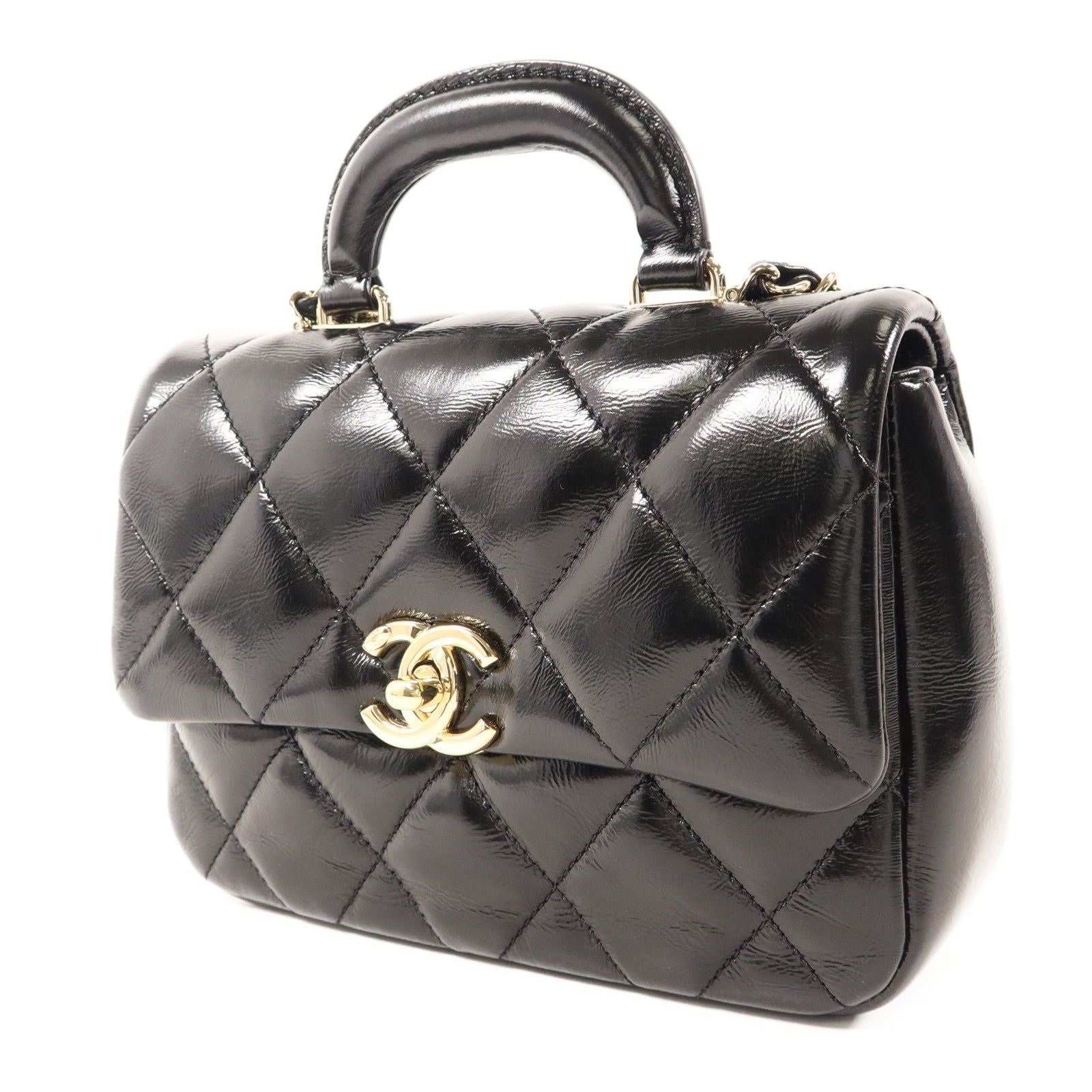 CHANEL 牛皮皮革Mini Flap With Handle金扣鏈帶手挽肩背兩用袋
