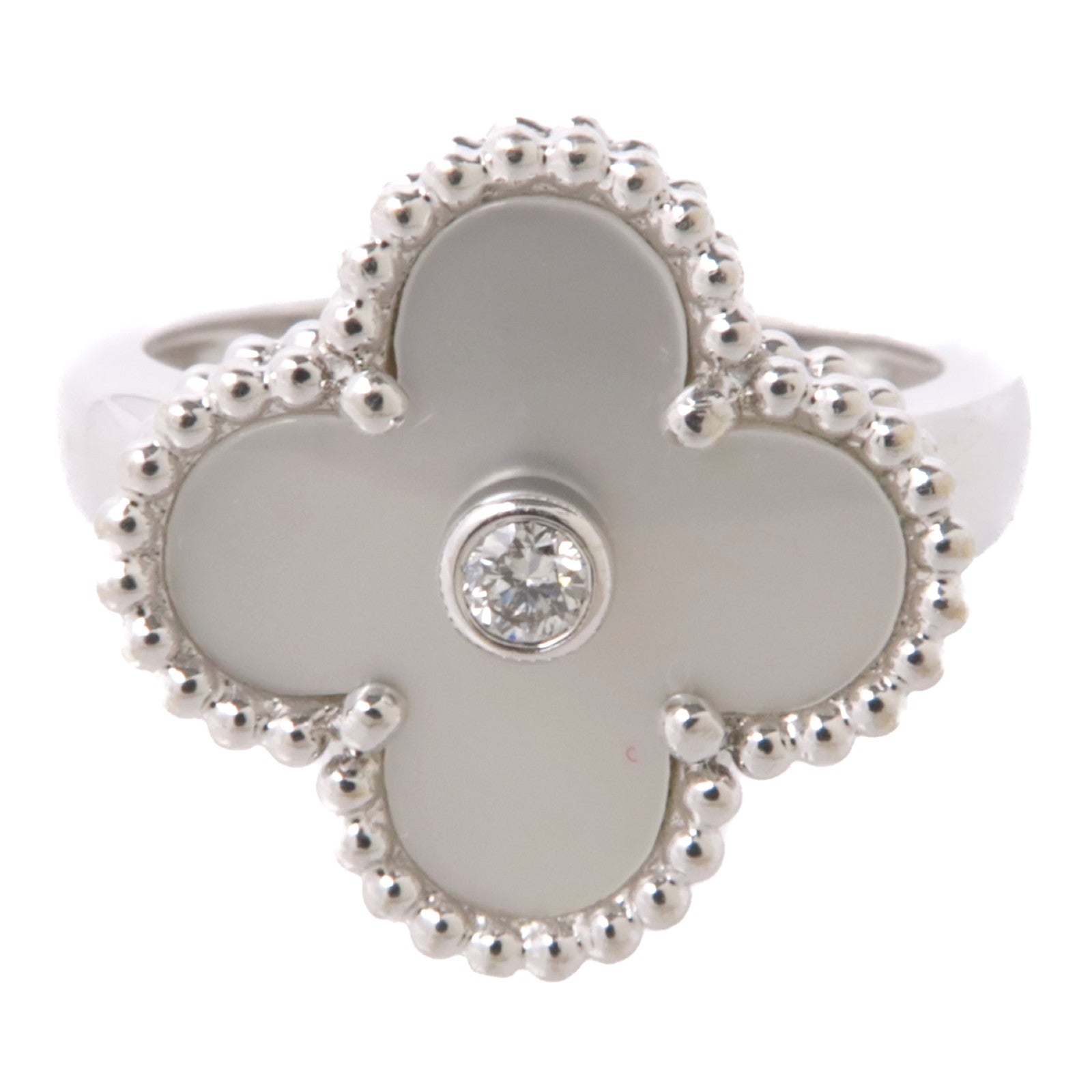 Van Cleef & Arpels 18K白金Vintage Alhambra Ring鑽石/珍珠母貝戒指#6.25
