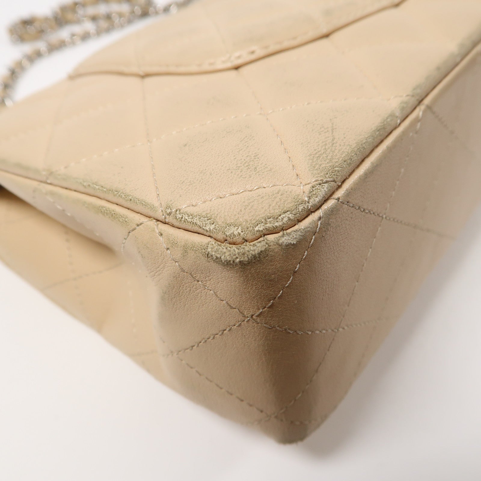 CHANEL 菱格羊皮皮革Chain Shoulder Bag銀扣鏈帶肩背袋米色