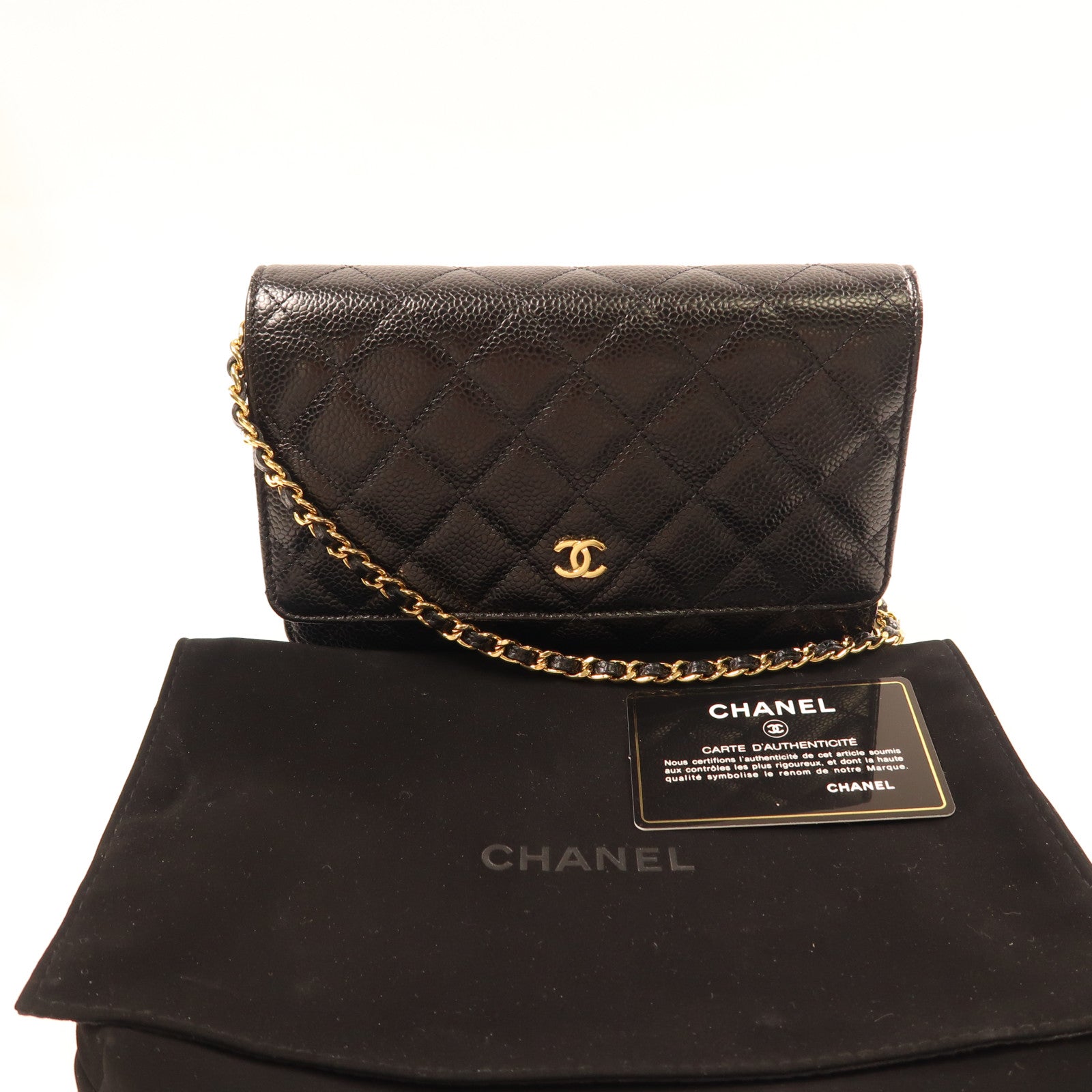 CHANEL 牛皮皮革Wallet On Chain金扣鏈帶肩背袋黑色