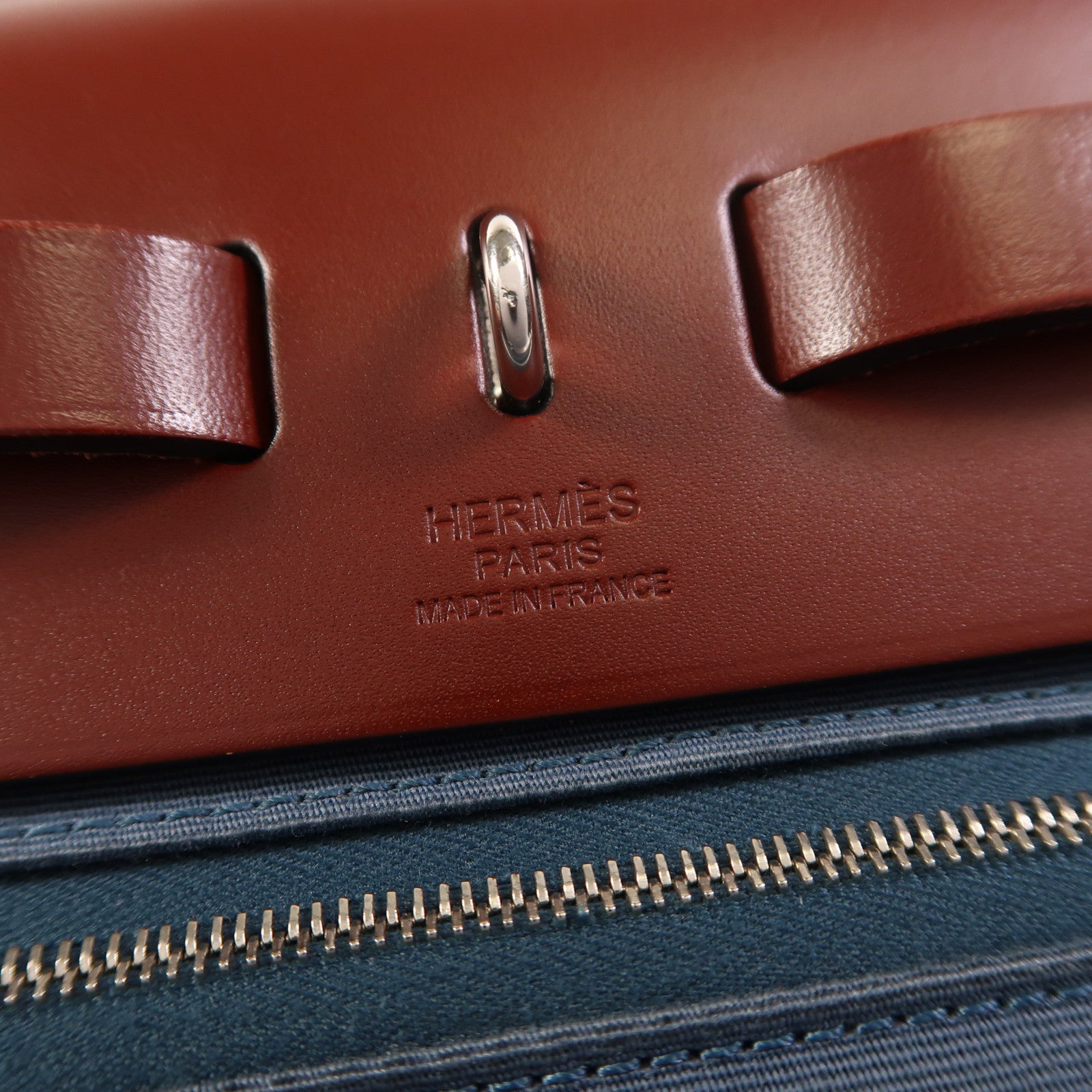 HERMES 帆布Herbag PM銀扣手挽肩背兩用袋Bleu Tempete/Rouge H