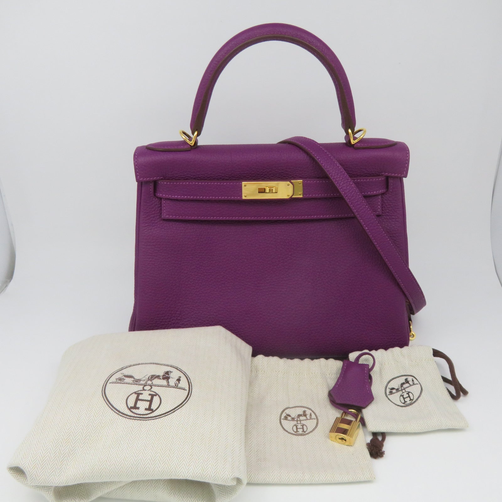 HERMES Togo皮革Kelly 28金扣手挽肩背两用袋海葵紫色
