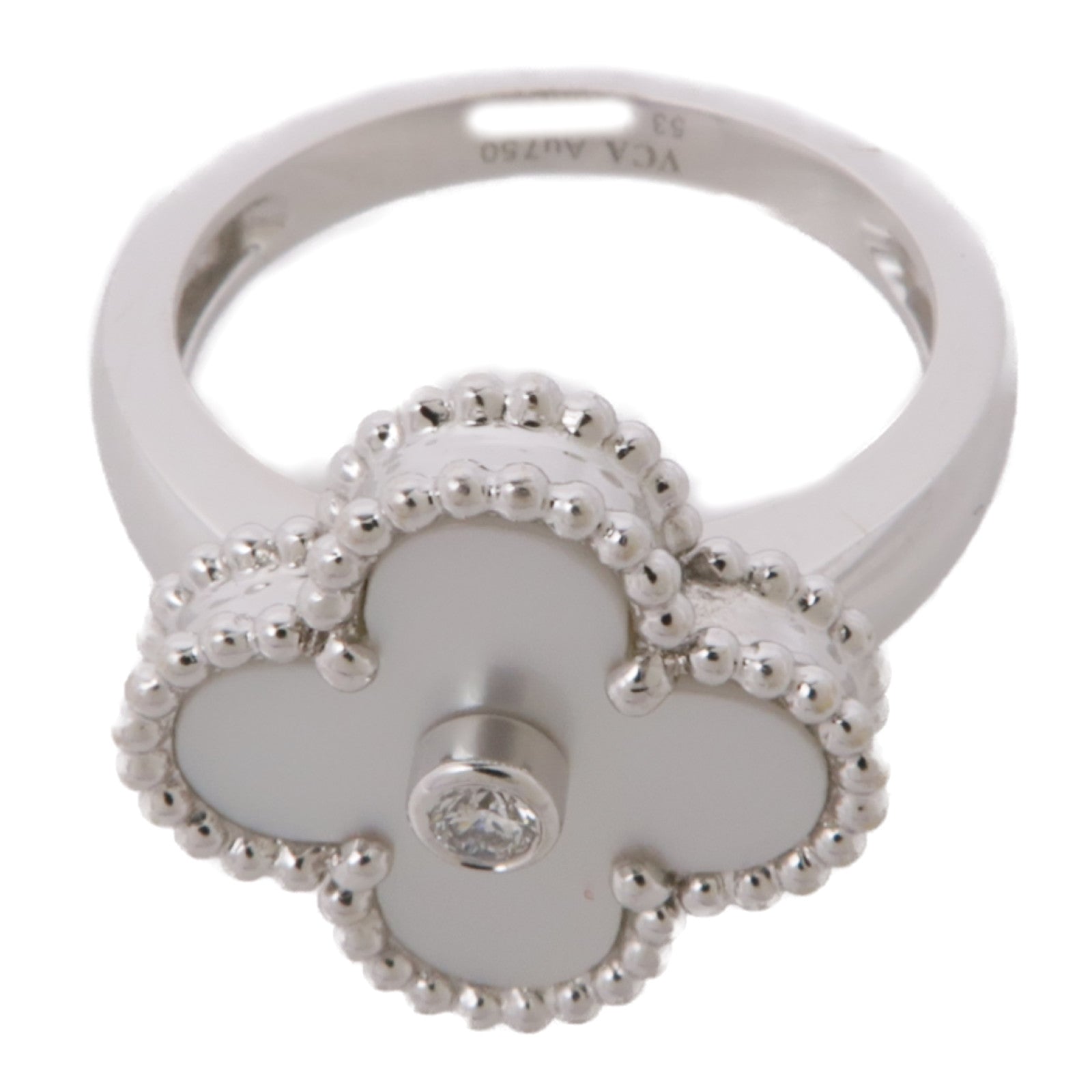 Van Cleef & Arpels 18K白金Vintage Alhambra Ring鑽石/珍珠母貝戒指#6.25