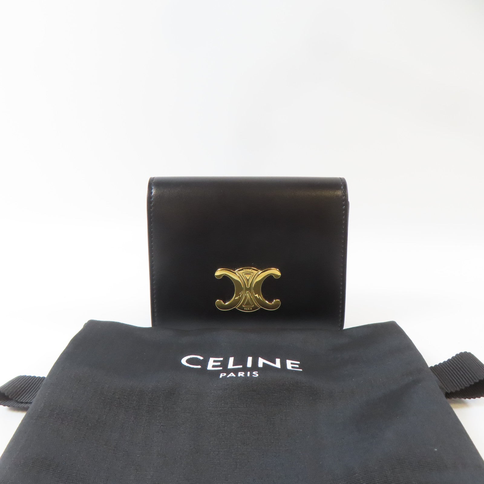 CELINE 牛皮皮革Triomphe Card Case金扣卡片套黑色