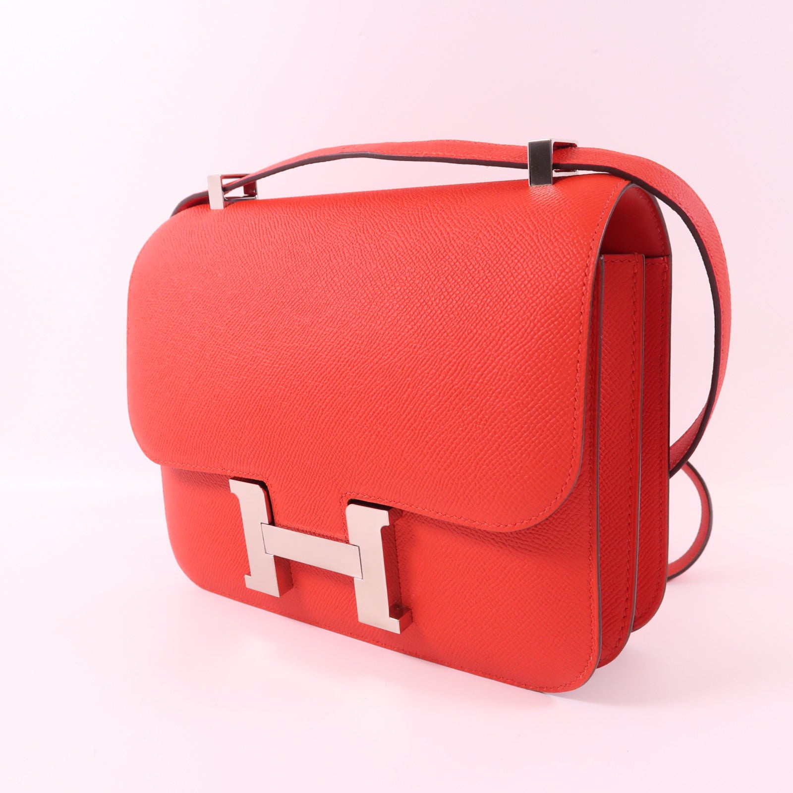 HERMES Epsom皮革Constance 24銀扣肩背袋S3 Rouge de coeur