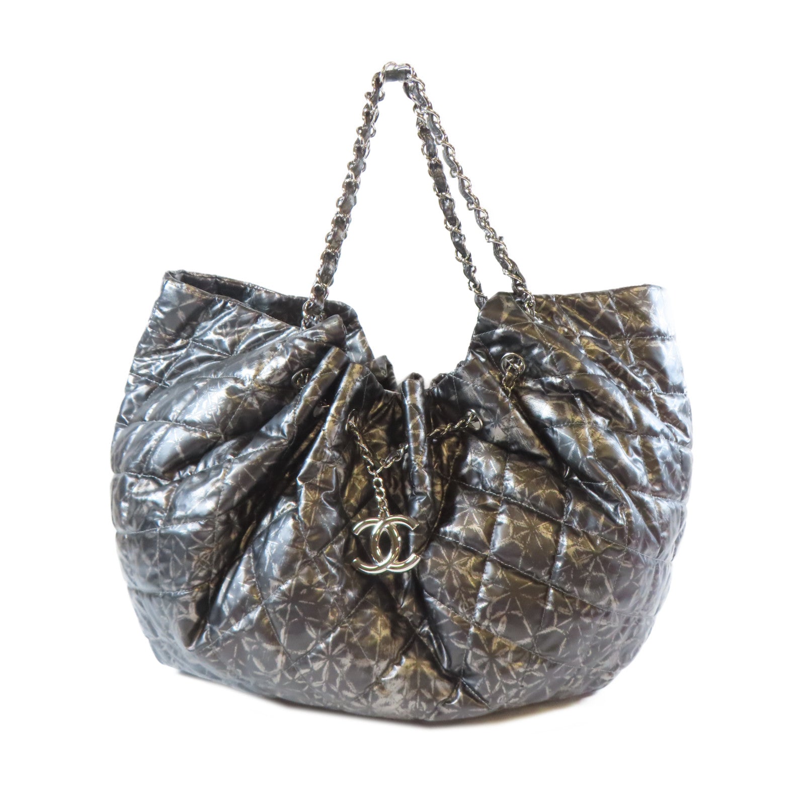CHANEL 【激減優惠】菱格尼龍Handbag銀扣鏈帶肩背袋黑色/銀灰色
