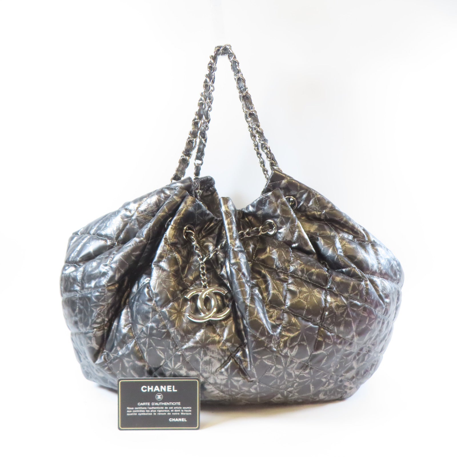 CHANEL 【激減優惠】菱格尼龍Handbag銀扣鏈帶肩背袋黑色/銀灰色